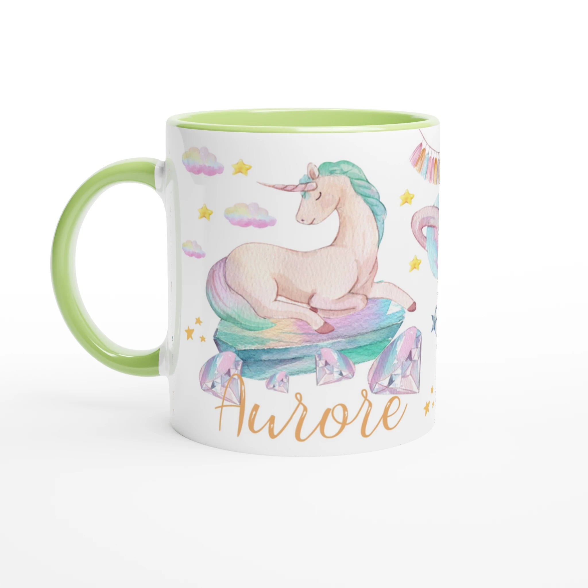 Tasse personnalisée avec licorne et nuage pastel scintillant, intérieur vert, un cadeau original et enchanteur.