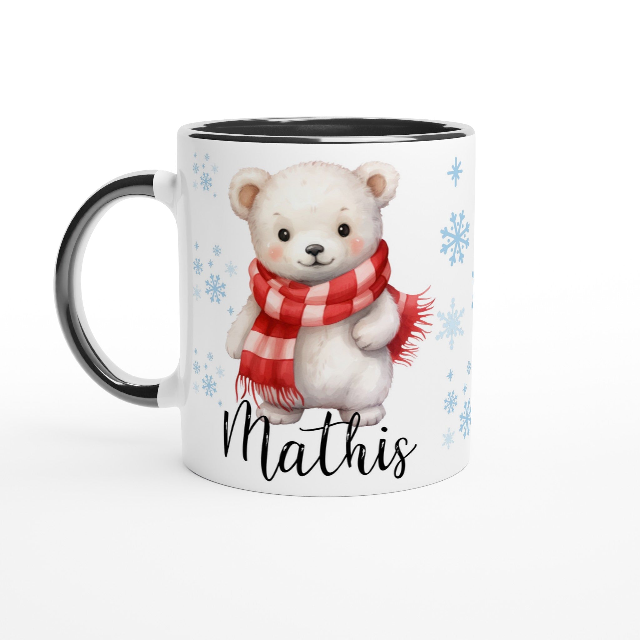 Tasse personnalisée avec un ours polaire et une écharpe rouge, intérieur noir, pour une touche hivernale élégante.