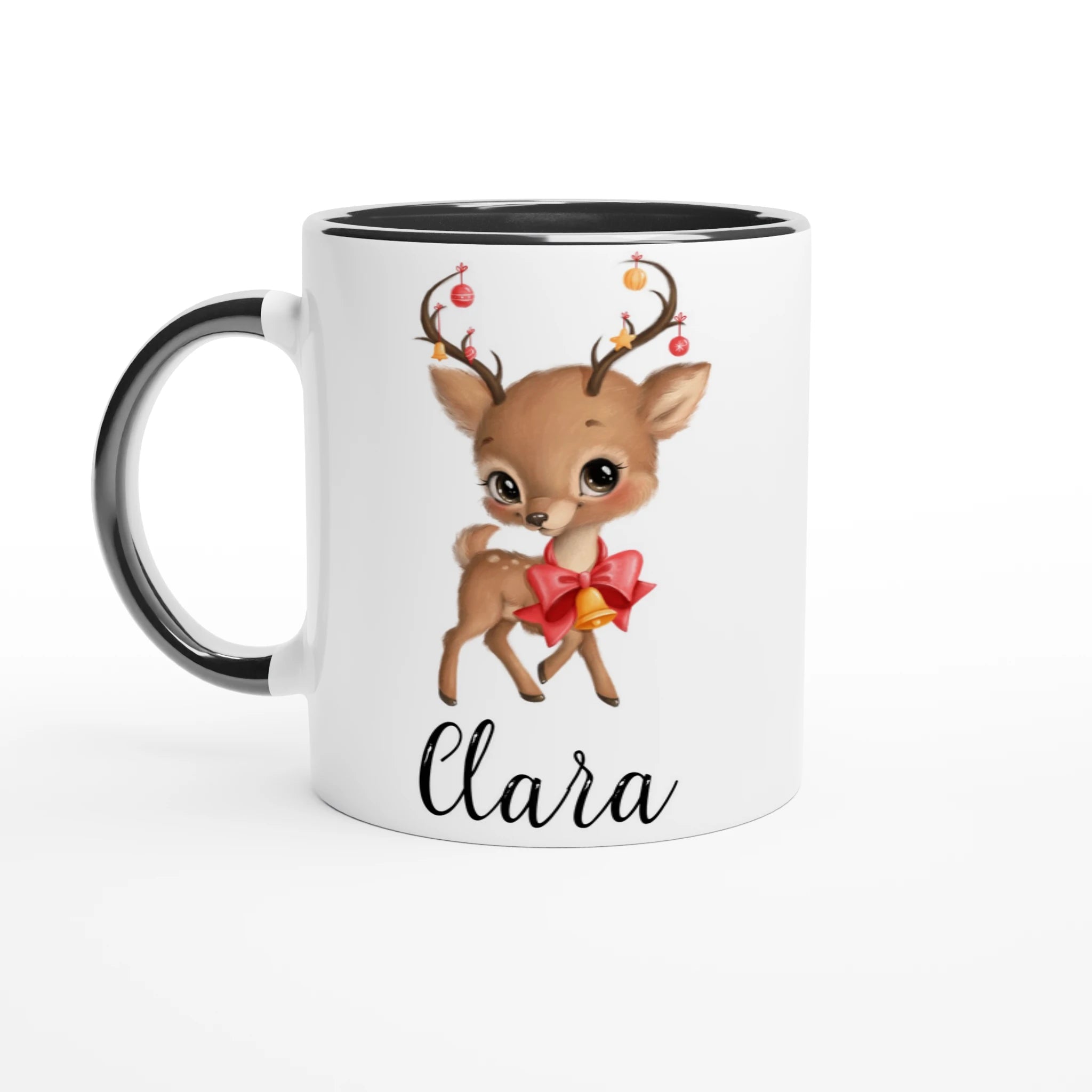 Mug personnalisé pour Noël avec un renne et le Père Noël, intérieur noir, un contraste élégant et original pour les fêtes.
