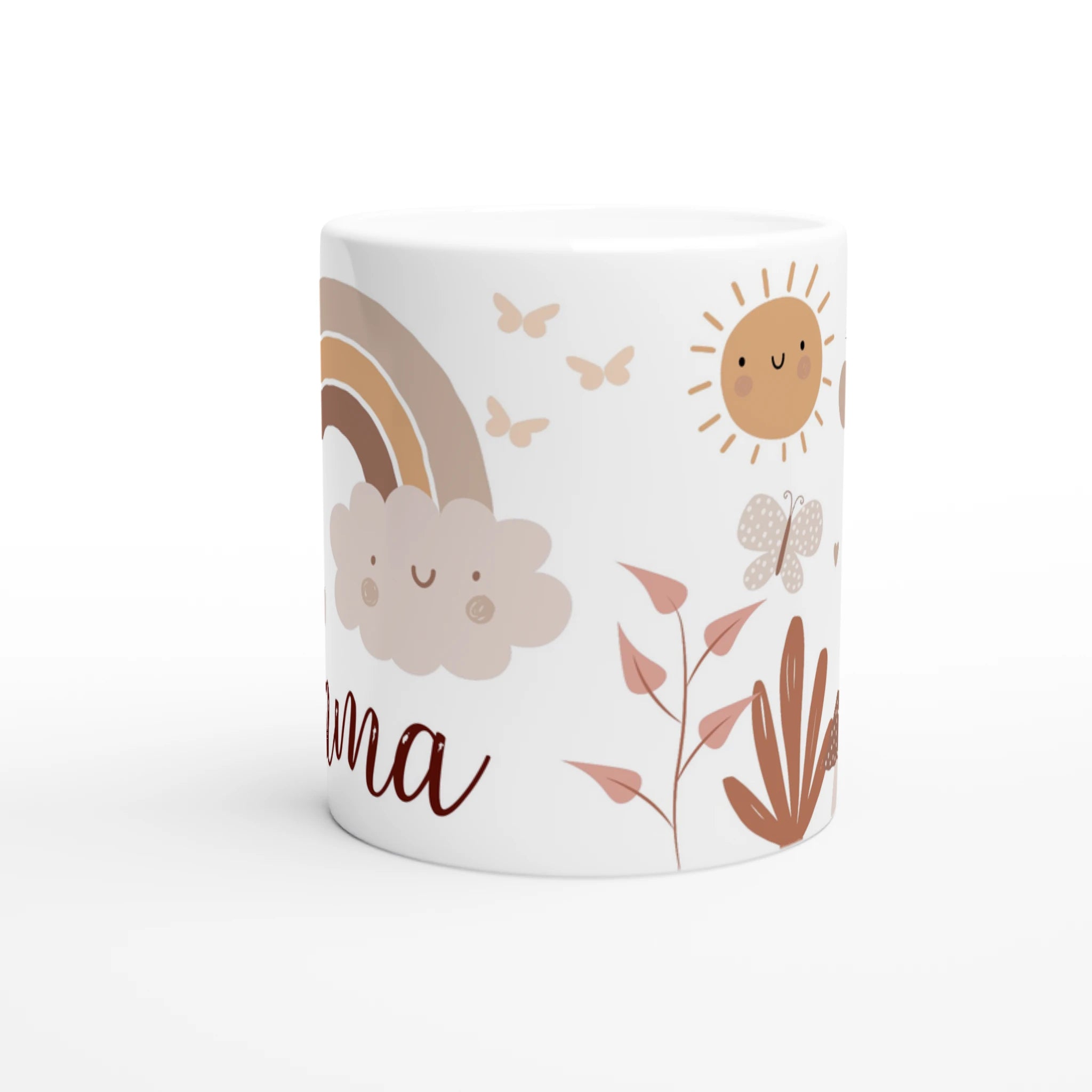 Mug personnalisé tout blanc avec nuage souriant et arc-en-ciel bohème, idéal pour un cadeau tendre et apaisant.