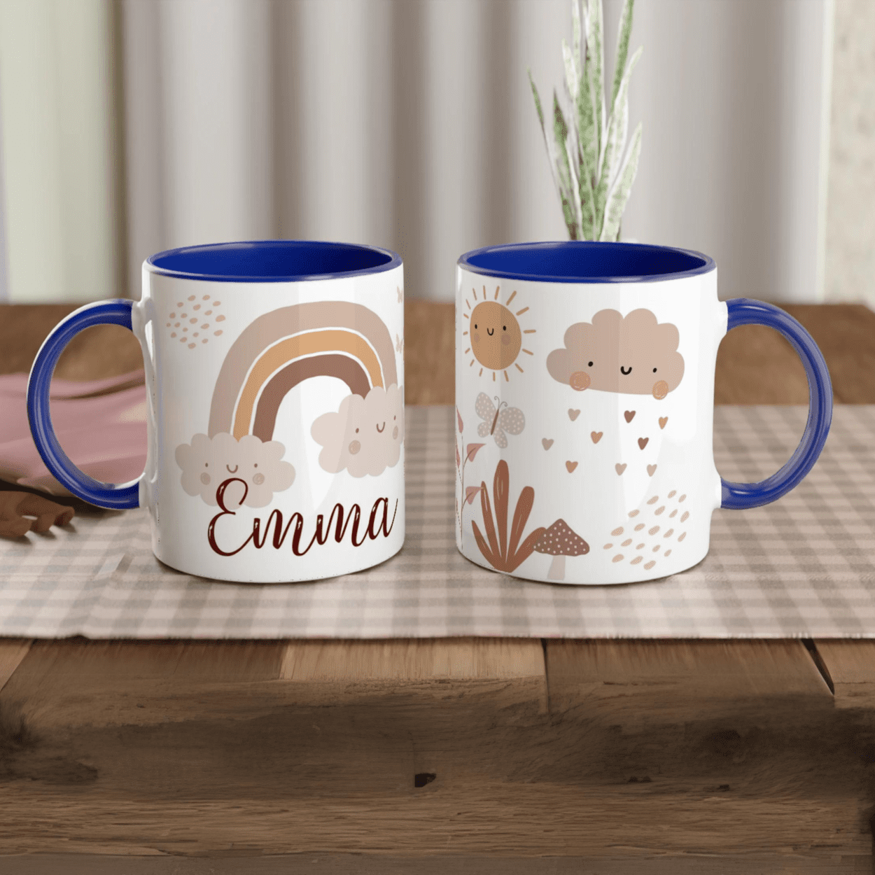 Mug personnalisé avec petit nuage mignon et décor apaisant, intérieur bleu, parfait pour une décoration douce et naturelle.