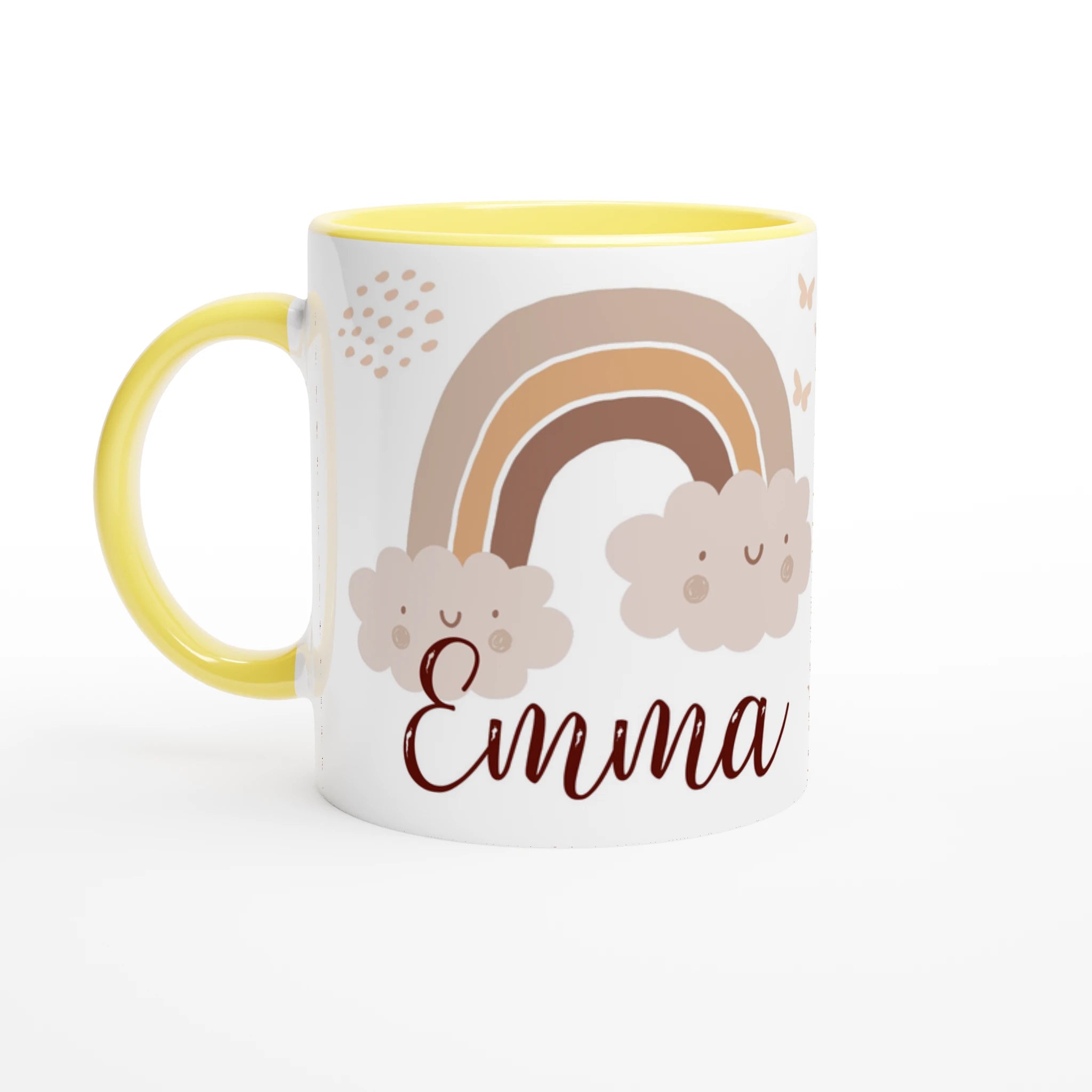 Mug personnalisé avec soleil et nuage bohème en tons naturels, intérieur jaune, parfait pour un cadeau lumineux et réconfortant.