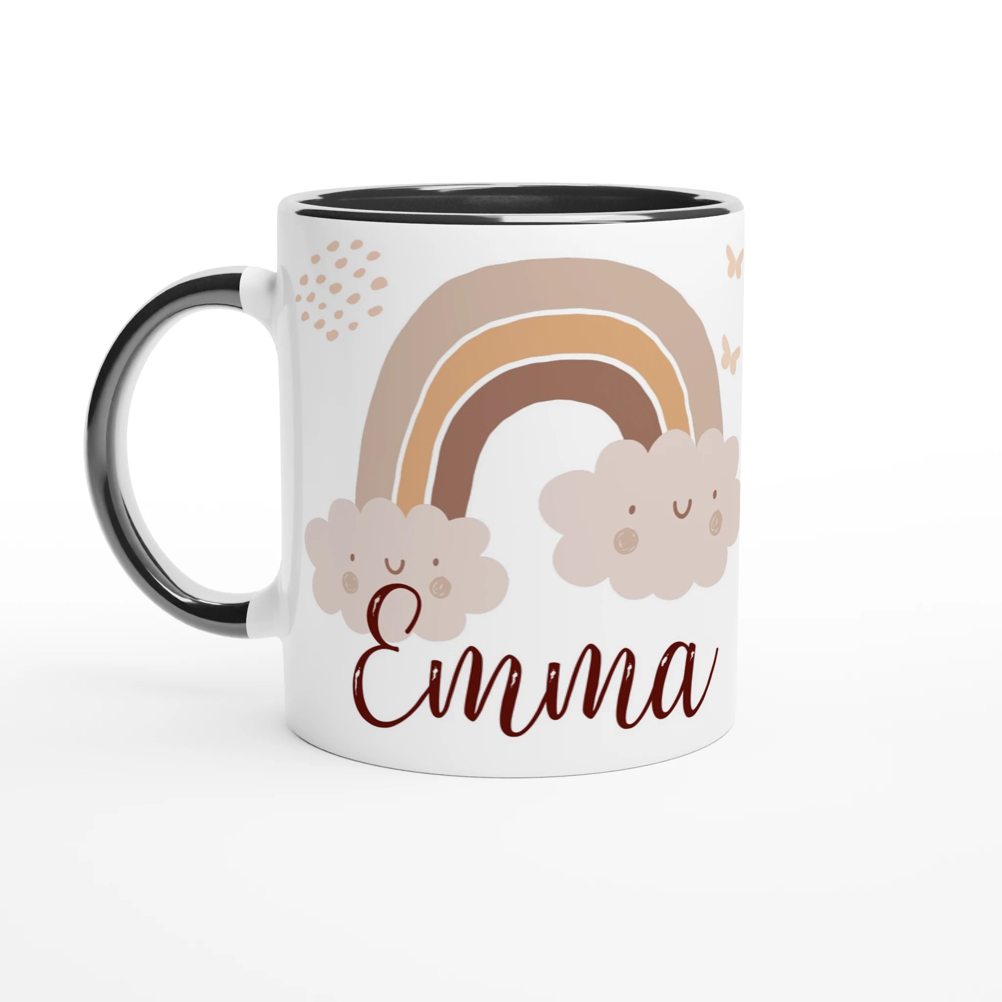 Mug personnalisé avec motifs minimalistes et nuage bohème, intérieur noir, pour une touche chic et épurée.