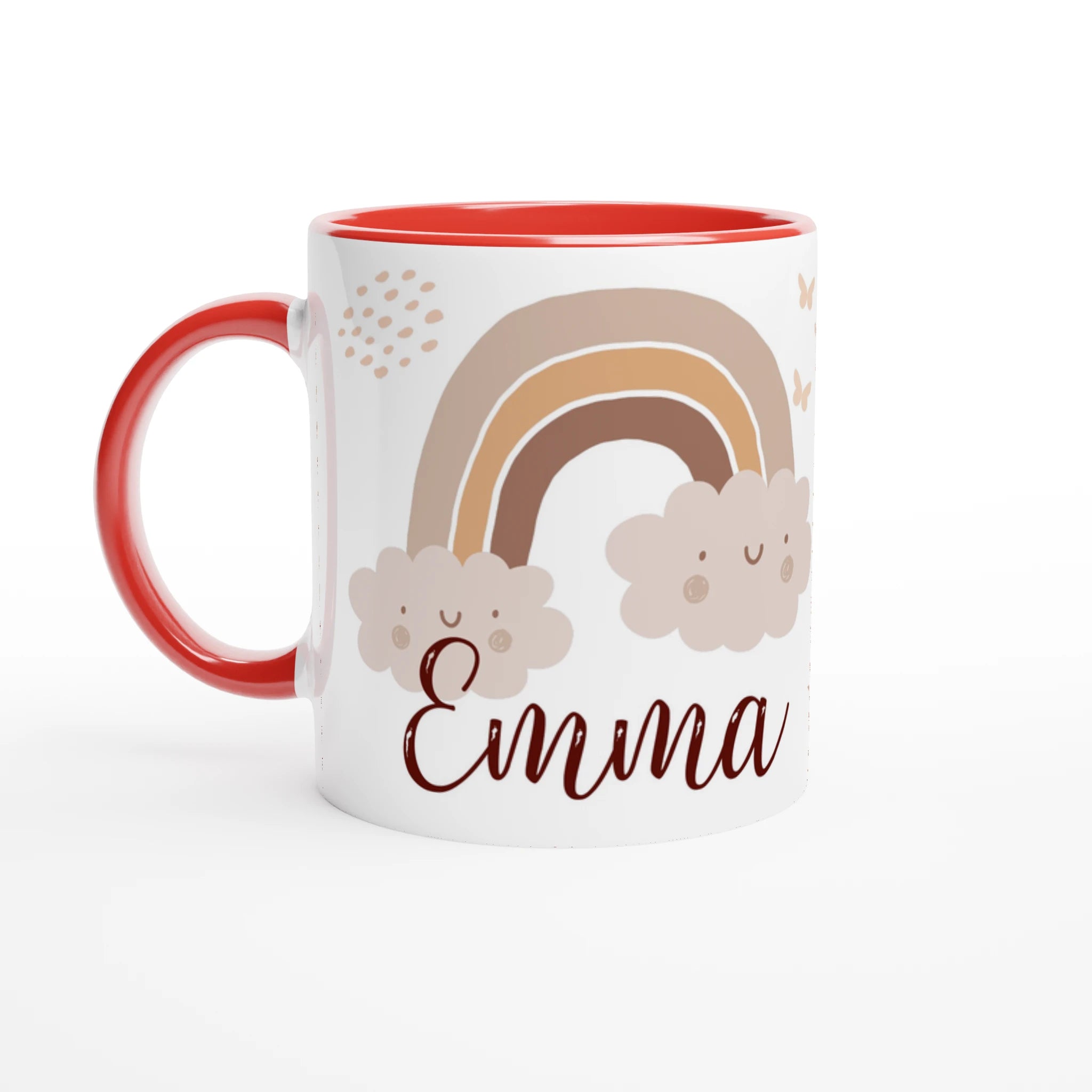 Mug personnalisé avec nuage heureux et détails chaleureux, intérieur rouge, parfait pour un cadeau réconfortant et original.