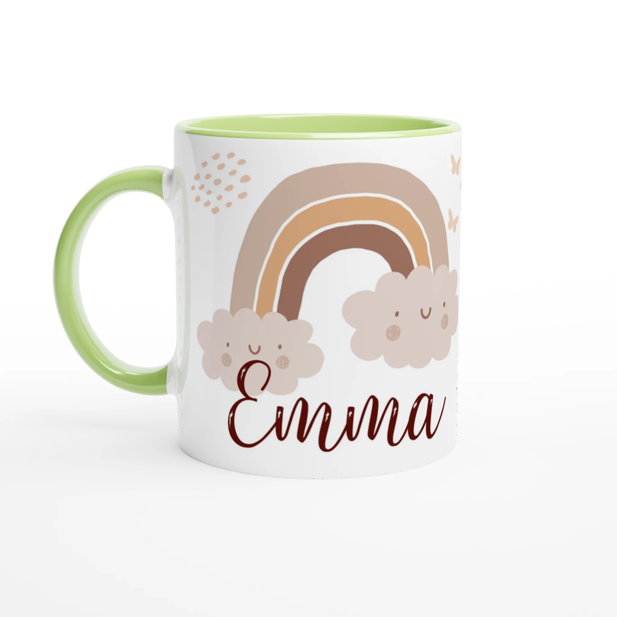 Tasse personnalisée avec nuages et éléments végétaux bohèmes, intérieur vert, un cadeau nature et zen.