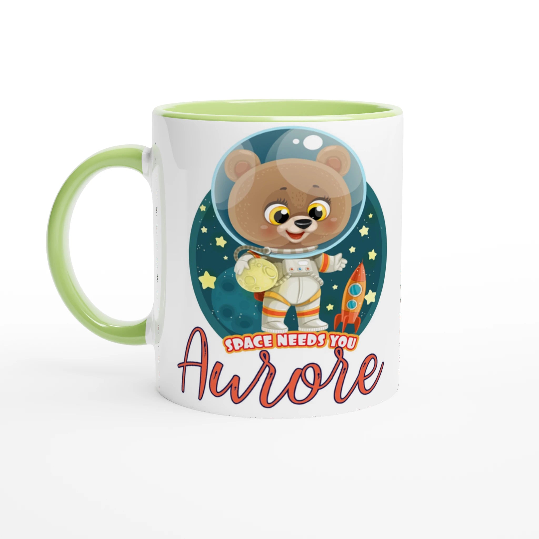Tasse personnalisée avec ourson et fusée spatiale, intérieur vert, un cadeau original et apaisant.