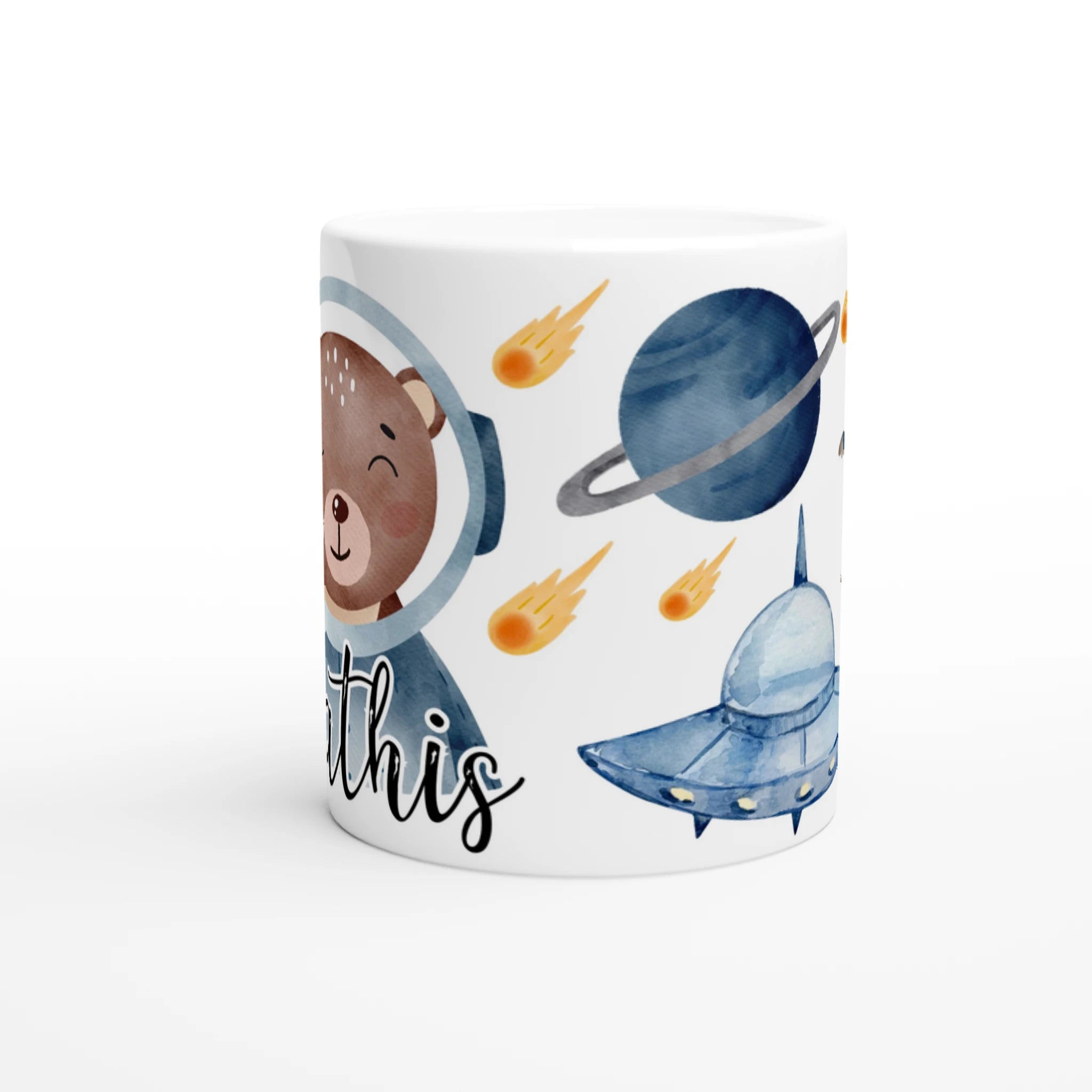 Mug personnalisé tout blanc avec ourson et renard astronautes, parfait pour un cadeau enfant original et ludique.