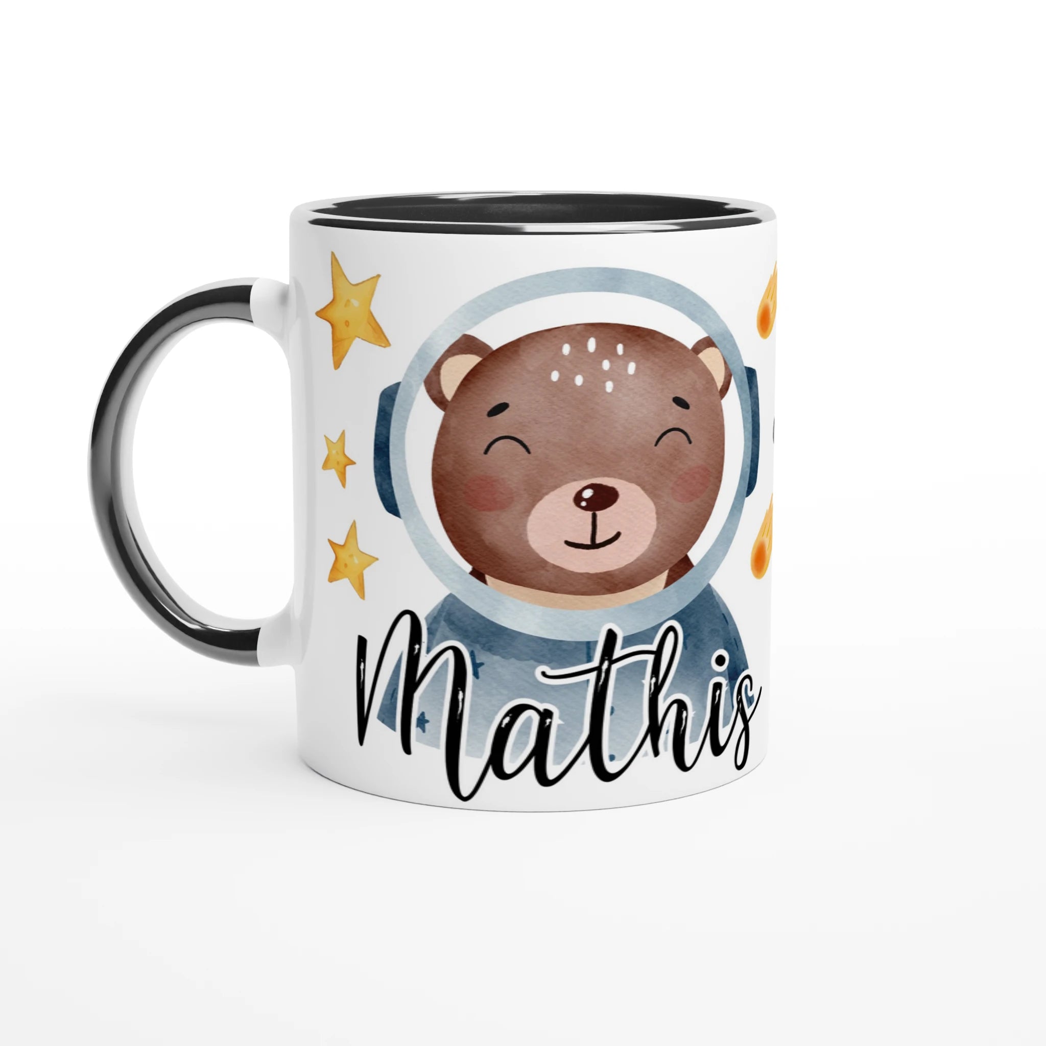 Mug personnalisé avec ourson explorateur de l’espace et planète, intérieur noir, pour une touche élégante et mystérieuse.
