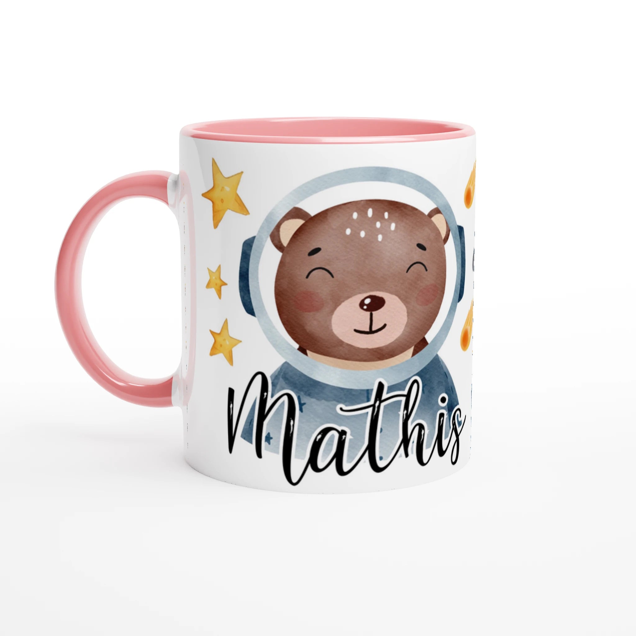 Tasse personnalisée avec petit renard astronaute et soucoupe volante, intérieur rose, parfaite pour un cadeau féerique.