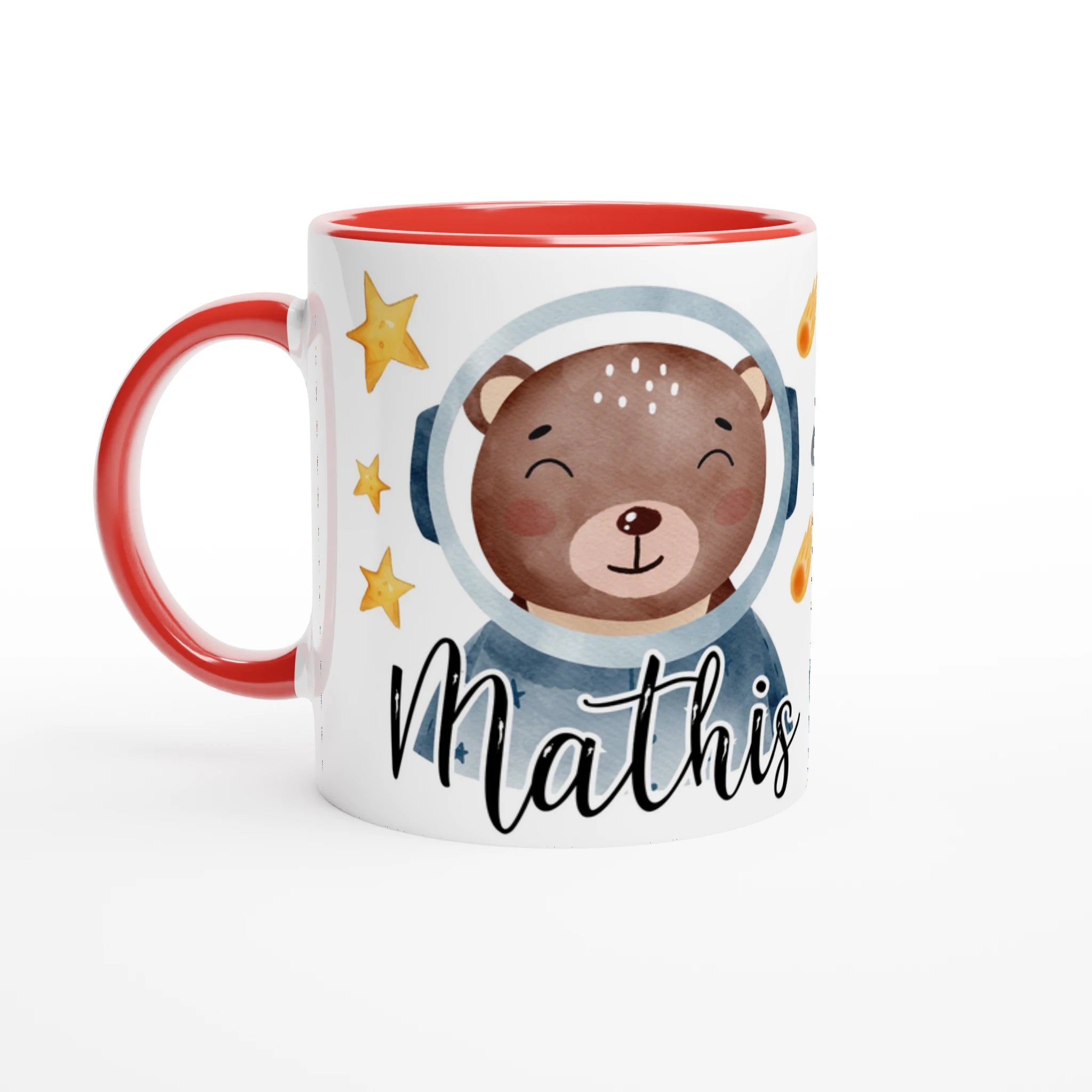 Mug personnalisé avec renard astronaute et étoiles dorées, intérieur rouge, parfait pour un cadeau dynamique et unique.