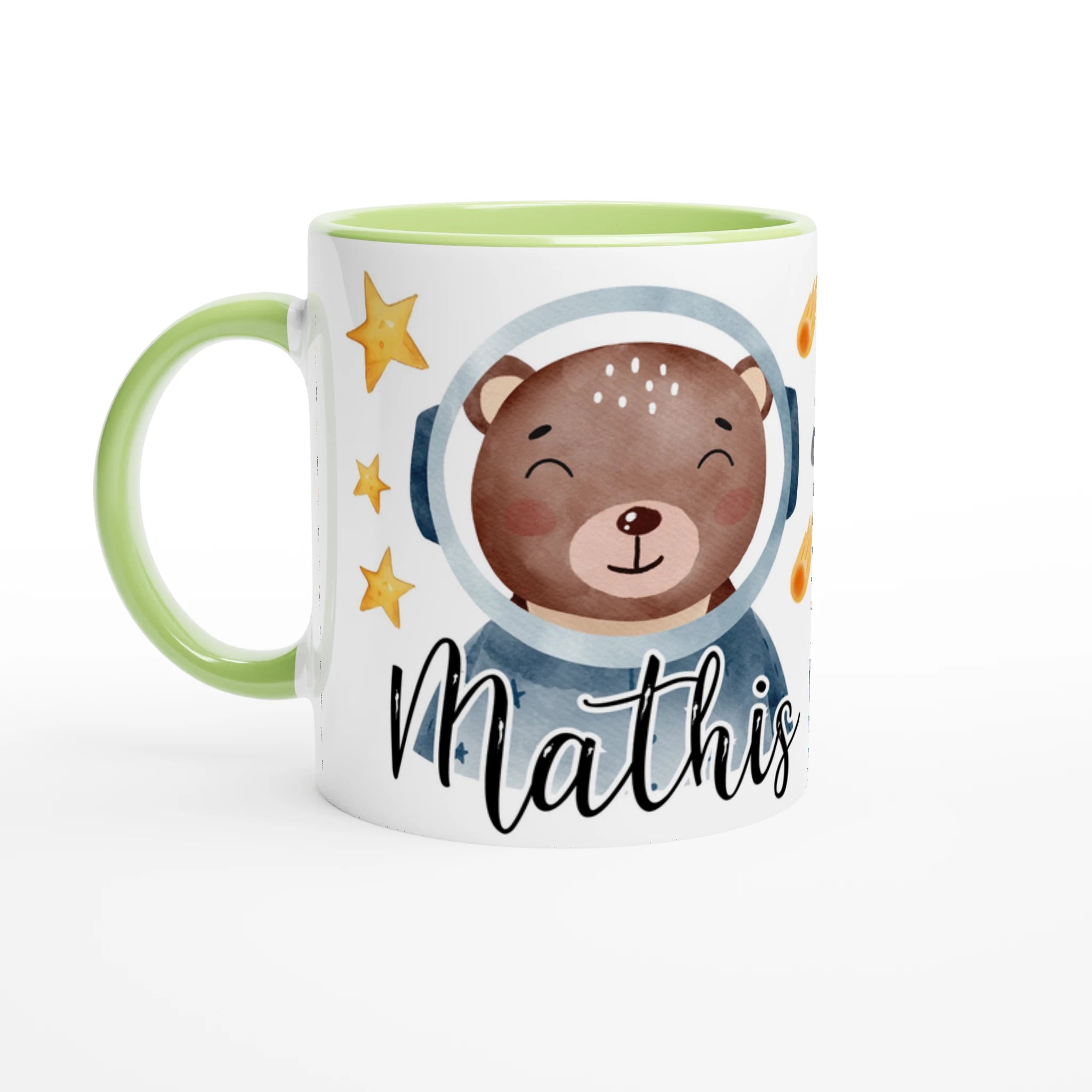 Tasse personnalisée avec ourson et vaisseau spatial, intérieur vert, un cadeau original et apaisant.
