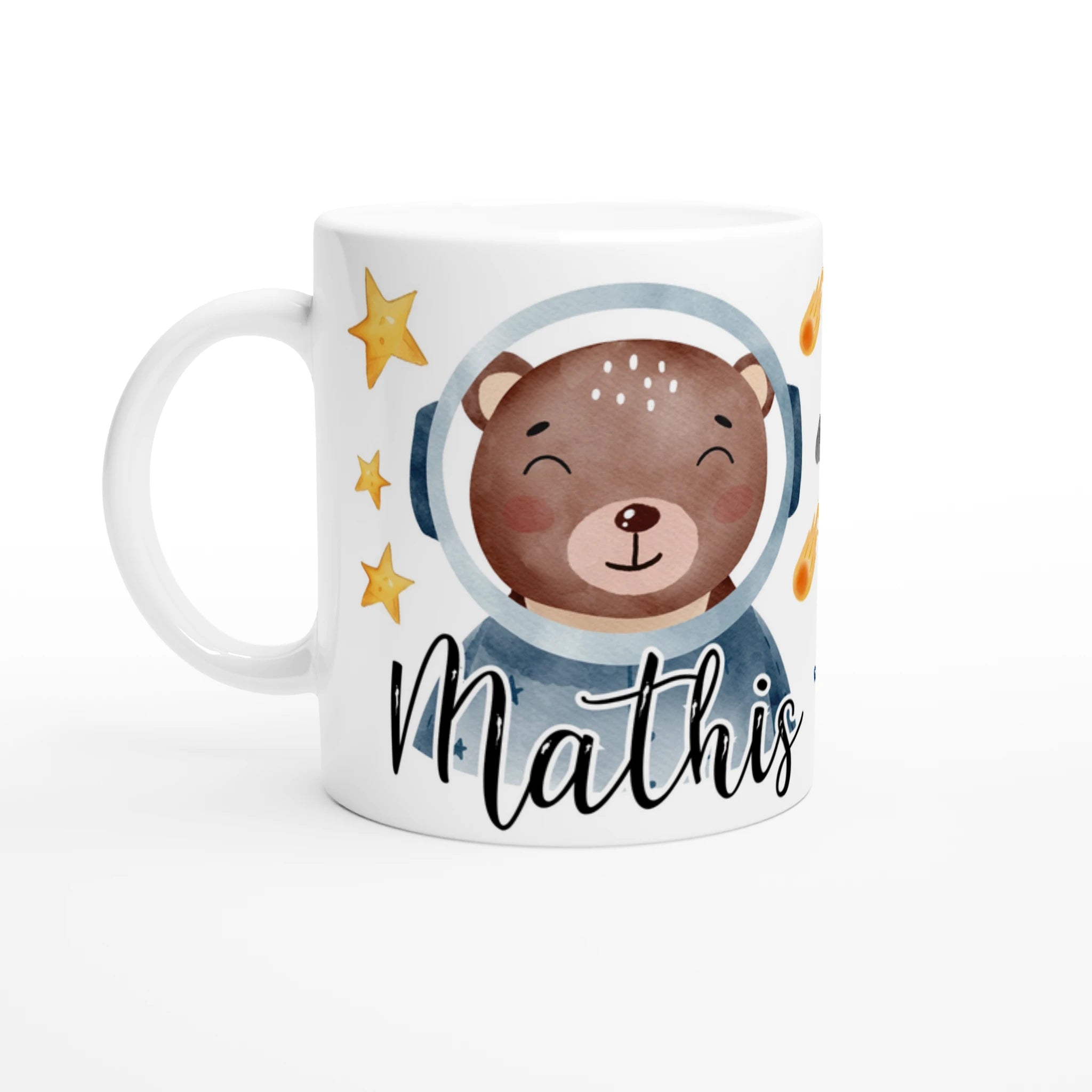 Mug personnalisé tout blanc avec ourson et renard astronautes, parfait pour un cadeau enfant original et ludique.