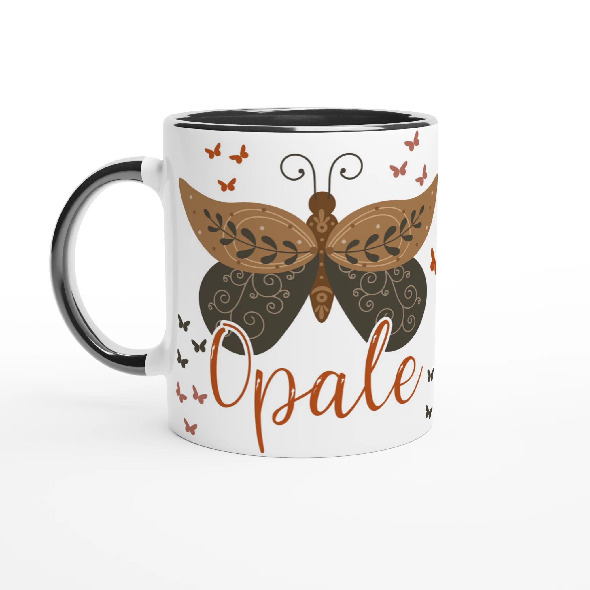 Mug personnalisé avec papillon graphique et détails élégants, intérieur noir, pour une touche chic et bohème.