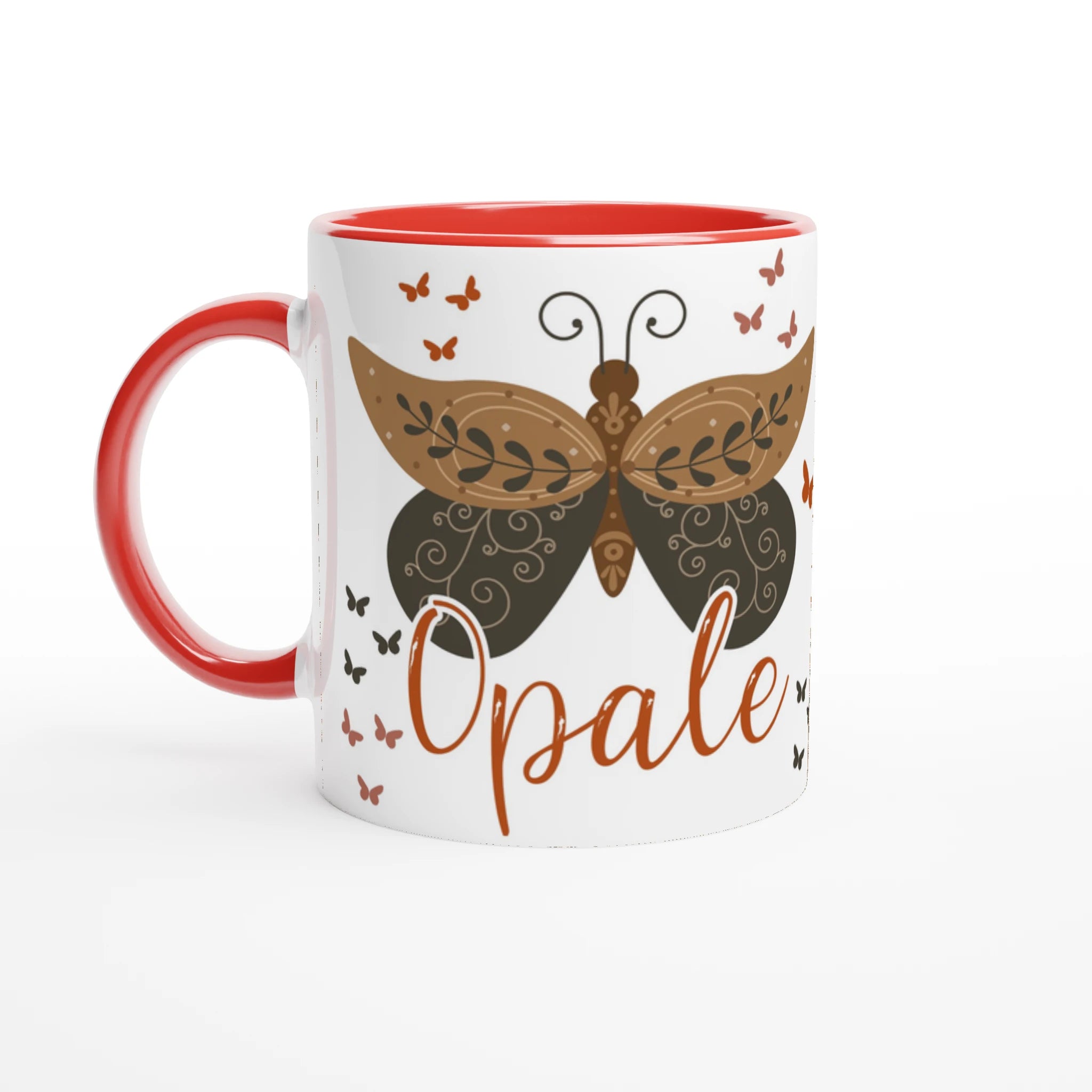 Mug personnalisé avec papillon mystique et décor astral, intérieur rouge, parfait pour un cadeau unique et original.