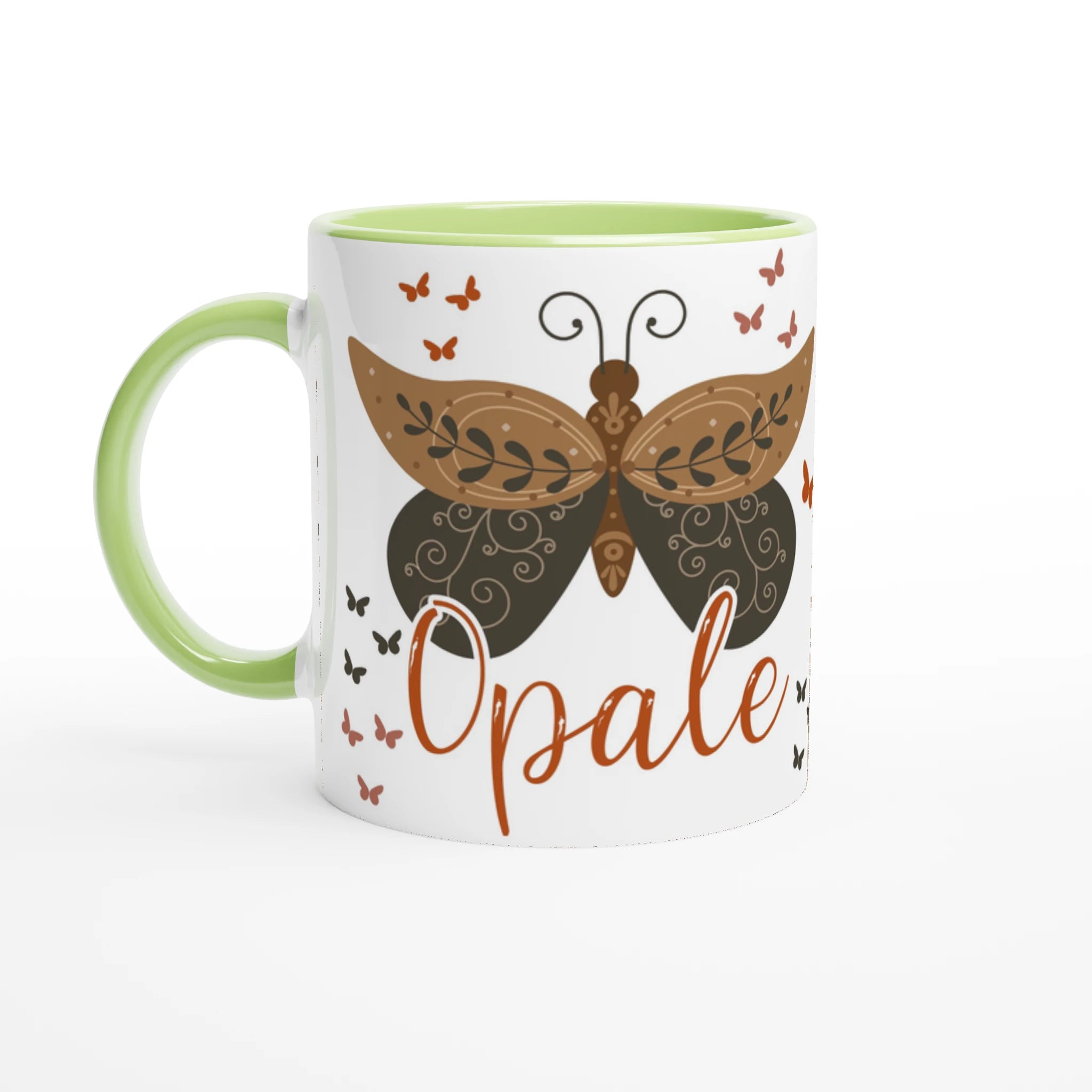 Tasse personnalisée avec papillon et motifs végétaux inspirés de la nature, intérieur vert, un cadeau zen et harmonieux.