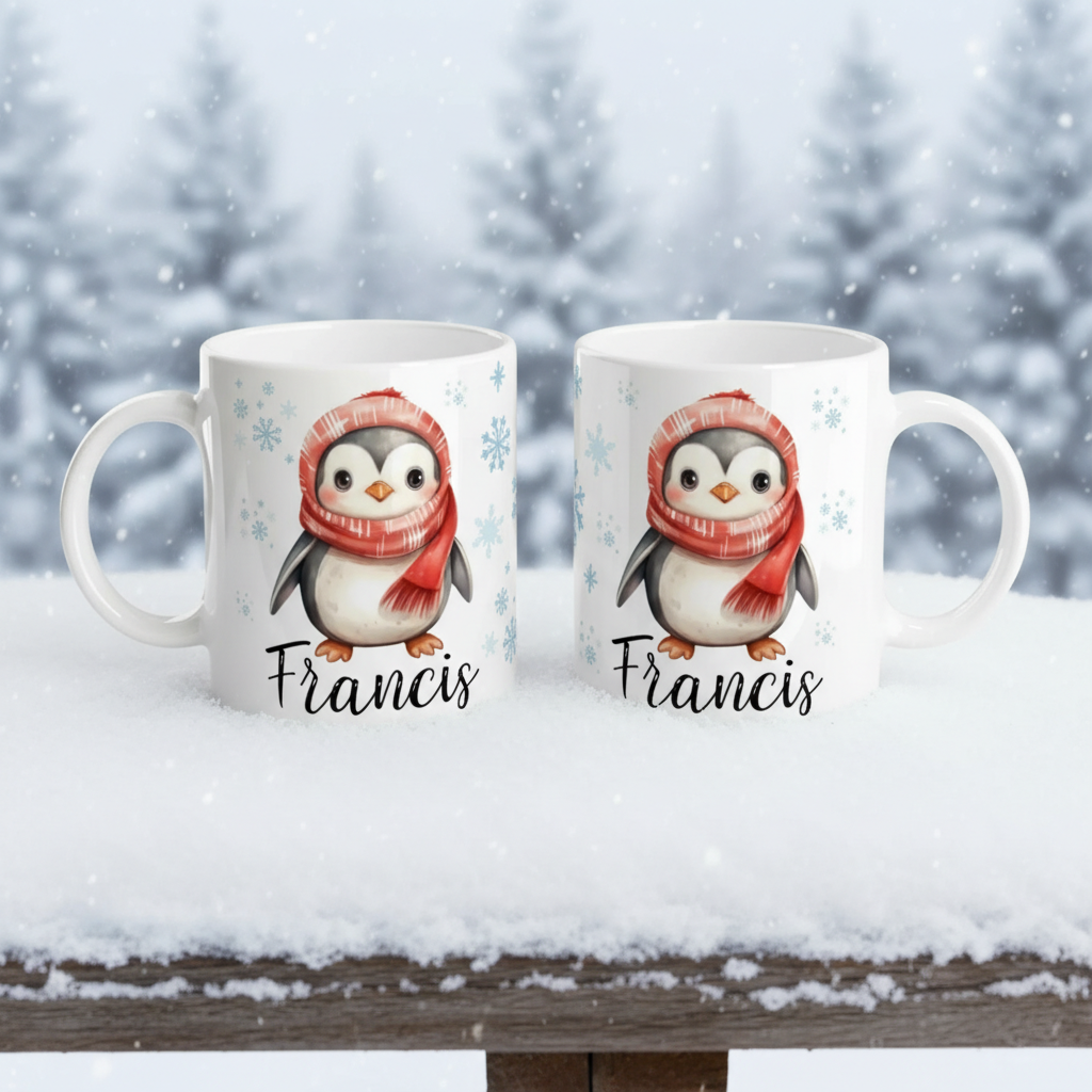 Mug personnalisé avec illustration de pingouin en écharpe rouge, décor hivernal et ambiance de Noël pour enfant