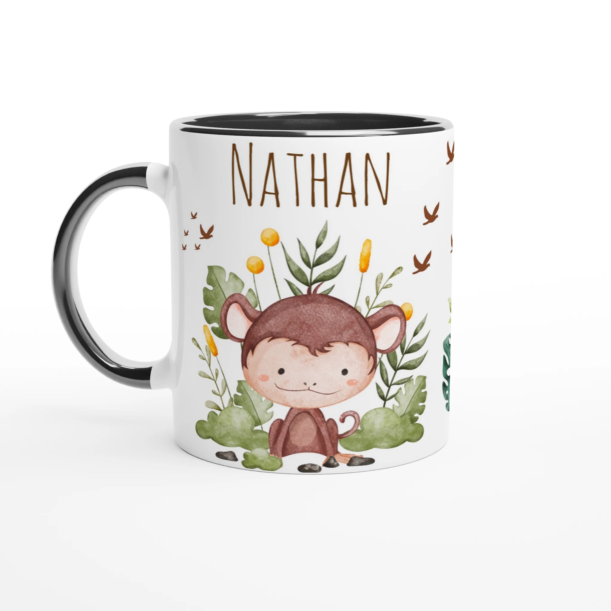 Mug personnalisé avec un singe et ambiance jungle, intérieur noir, idéal pour un design contrasté et moderne.