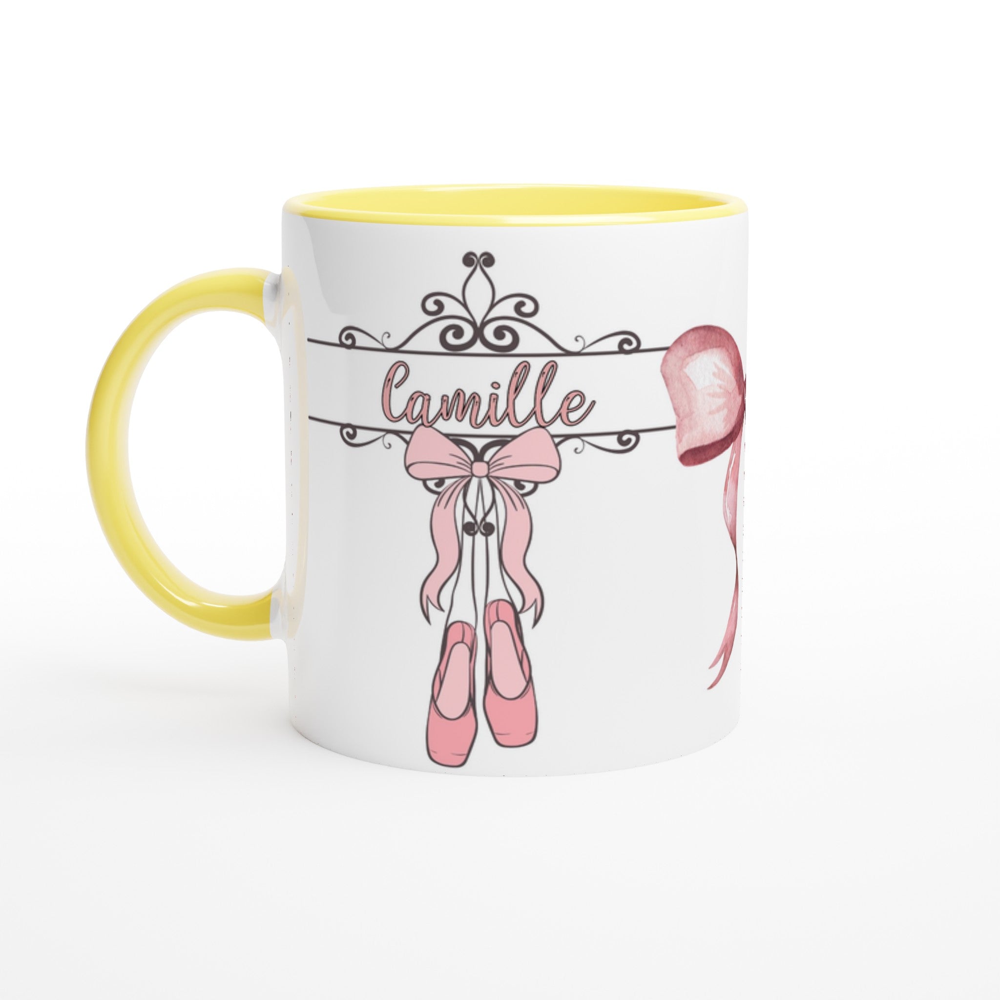 Mug personnalisé avec prénom et illustration de danseuse ballerine, intérieur jaune, parfait pour une décoration ou un cadeau unique.