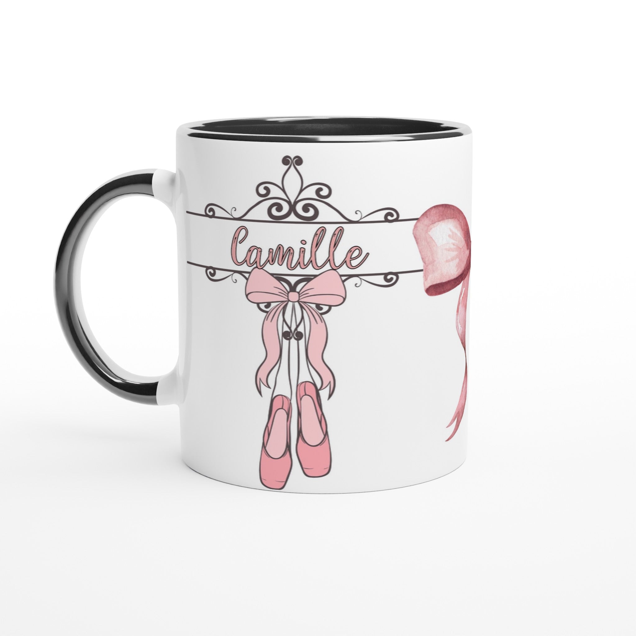 Mug prénom personnalisable pour enfant avec motif ballerine, intérieur noir, parfait pour un cadeau chic et original.