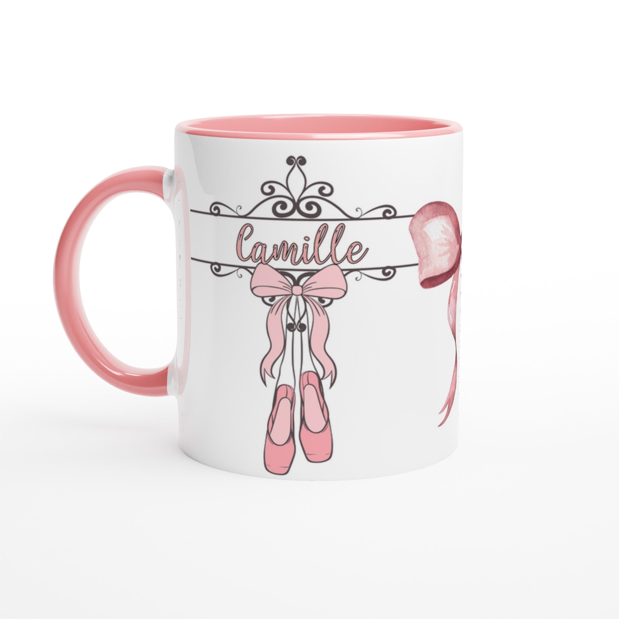 Tasse personnalisée avec prénom et motif de ballerine, intérieur rose, idéale pour un cadeau fille unique.