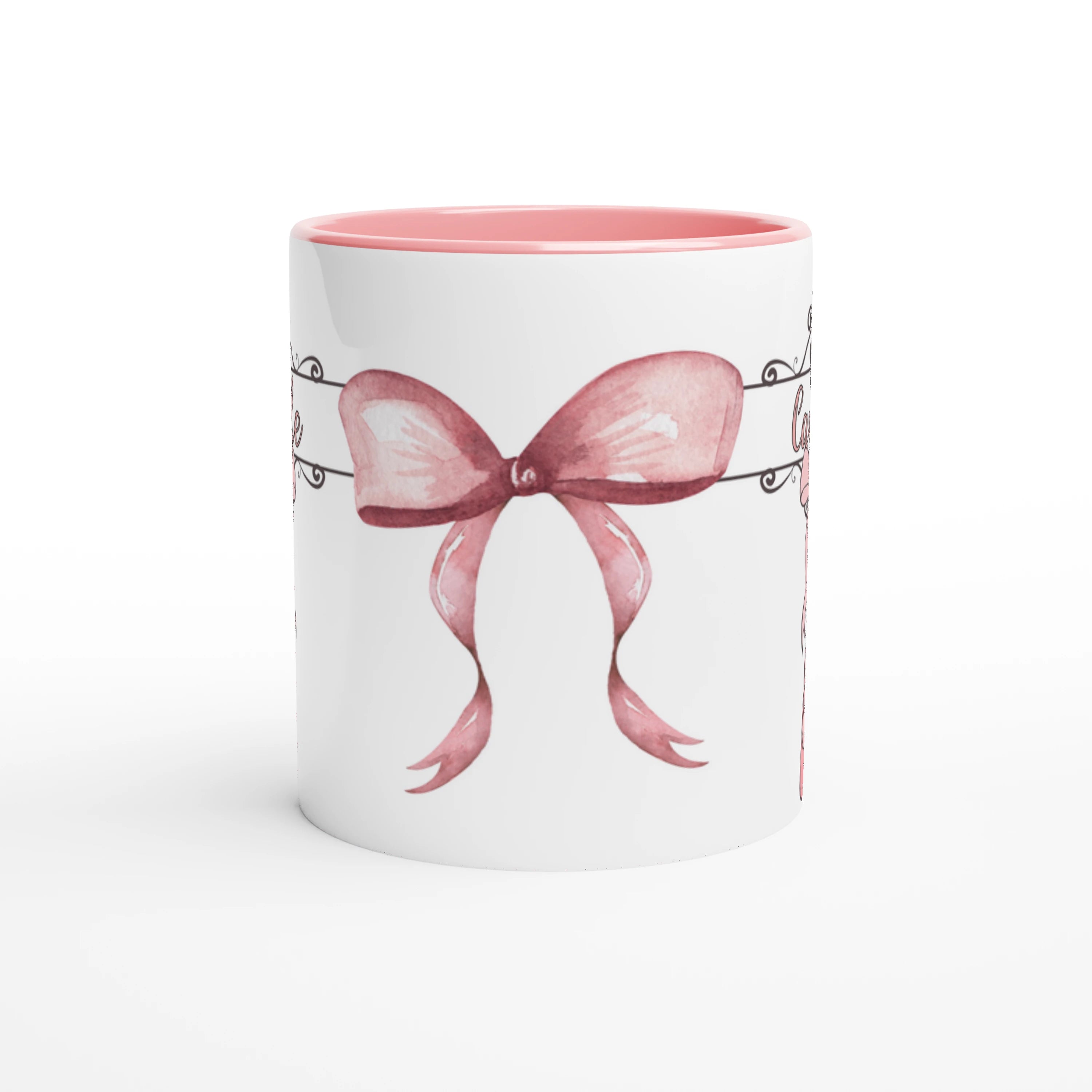 Tasse personnalisée avec prénom et motif de ballerine, intérieur rose, idéale pour un cadeau fille unique.