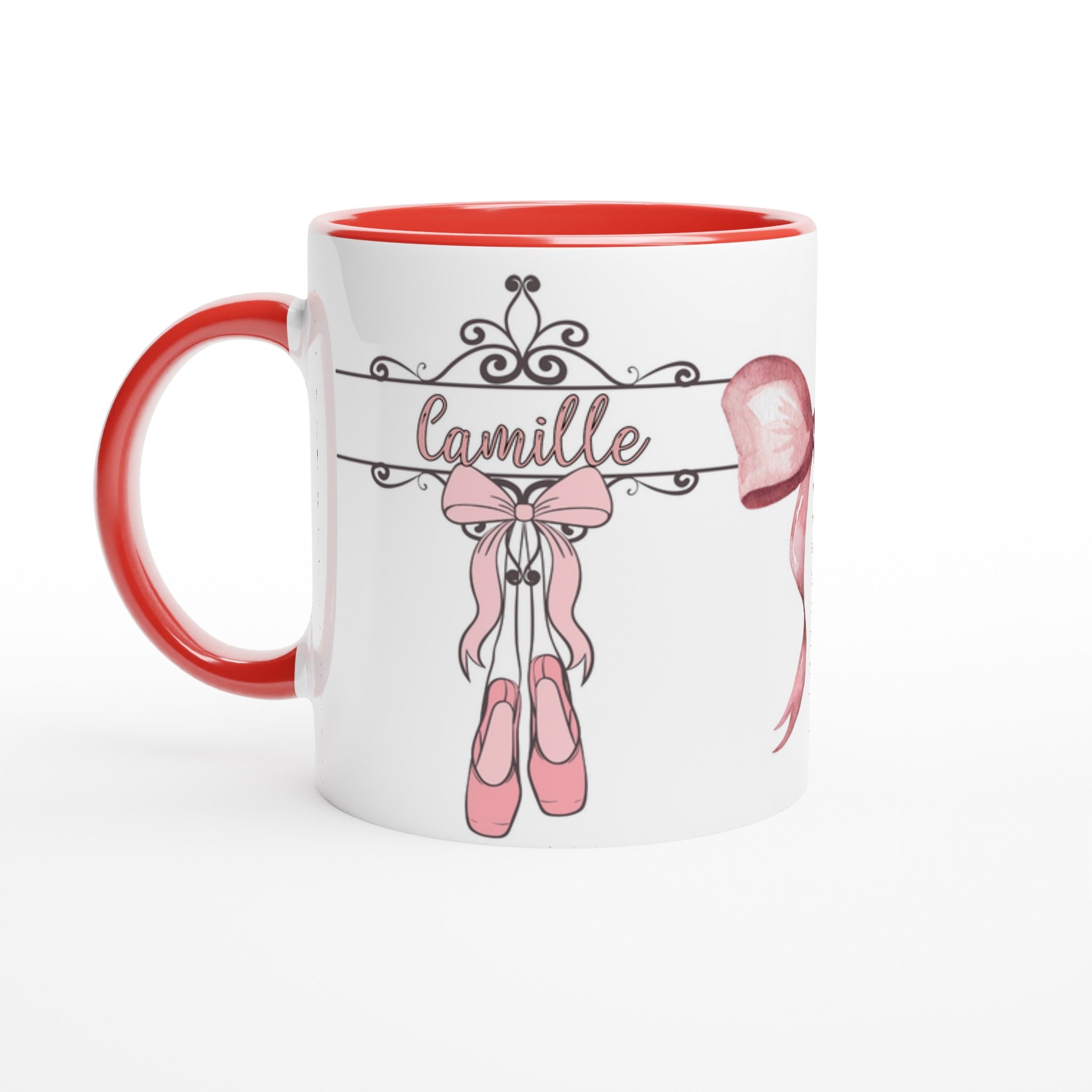 Mug personnalisable avec prénom et illustration ballerine, intérieur rouge, idéal pour les petites danseuses et comme cadeau original.