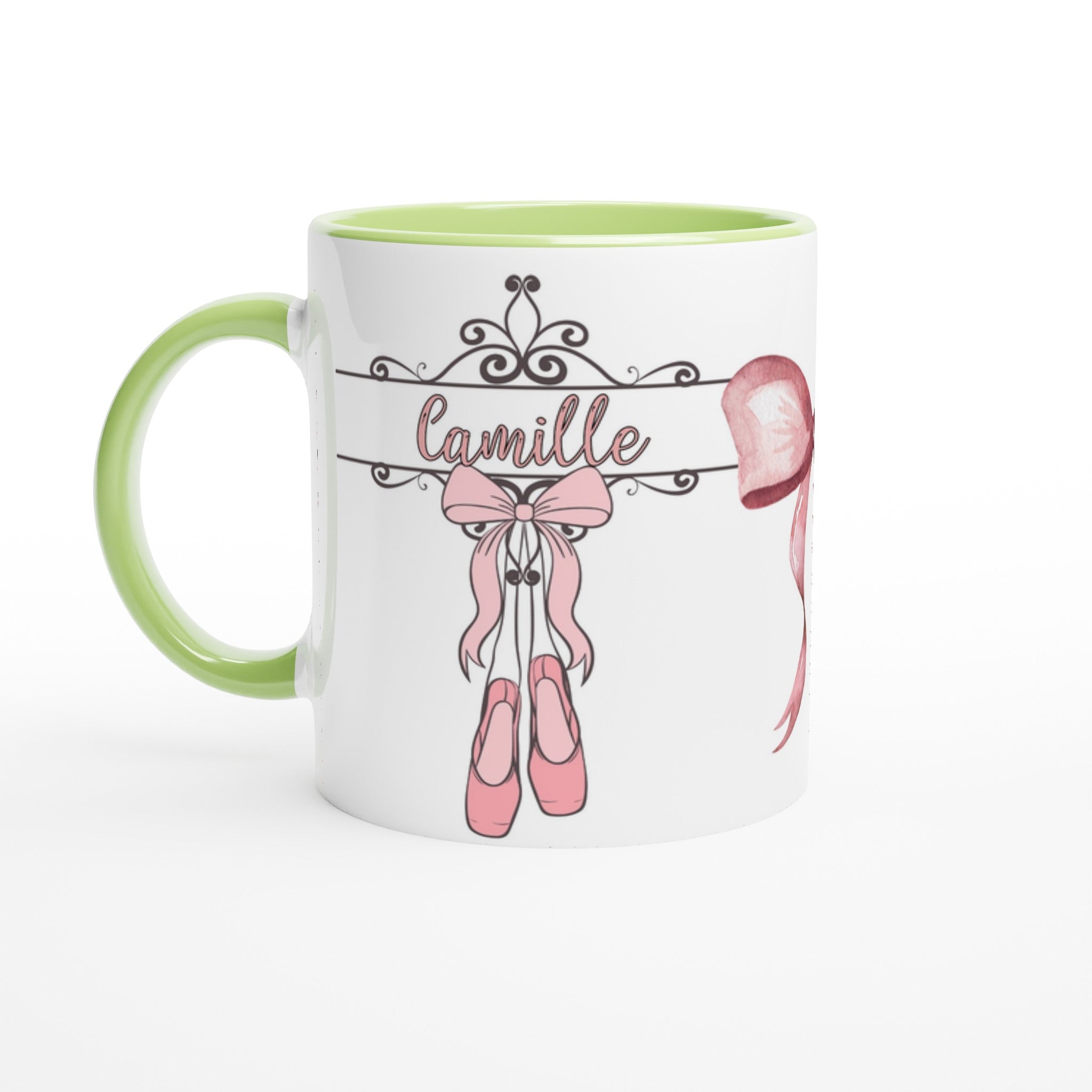 Mug personnalisé pour enfant avec prénom et illustration de ballerine, intérieur vert, cadeau original et pratique.