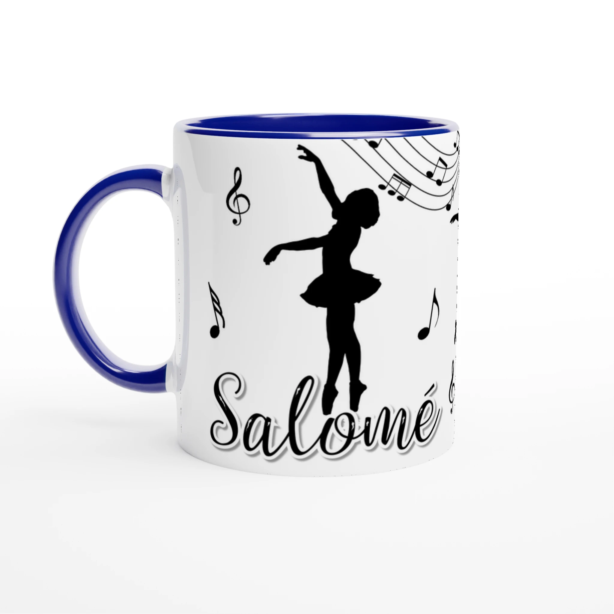 Mug prénom personnalisable avec design de danseuse classique et notes musicales, intérieur bleu, cadeau parfait pour les amoureuses du ballet.