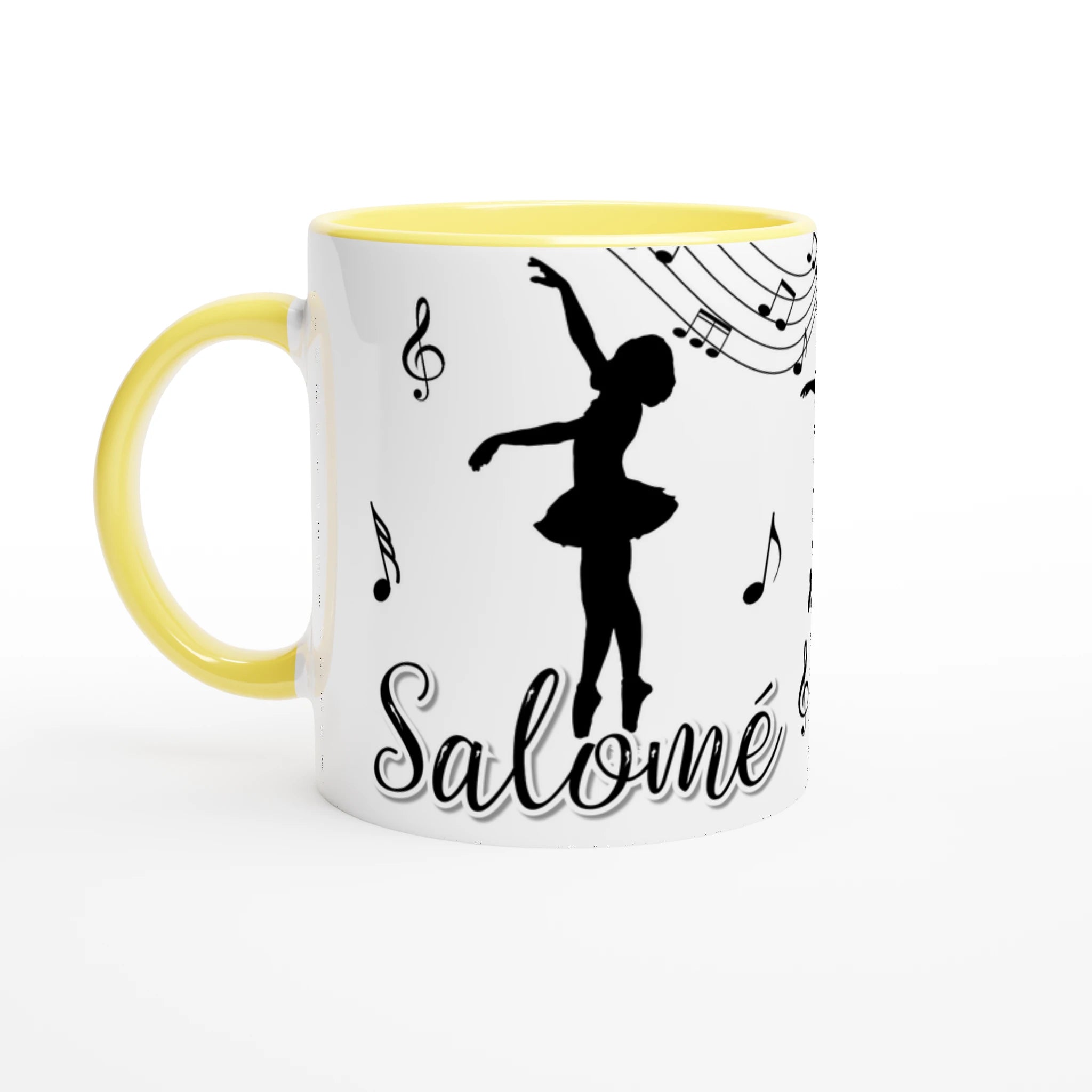 Mug prénom personnalisable avec silhouette de danseuse classique et décor musical, intérieur jaune, parfait pour une touche lumineuse et unique.