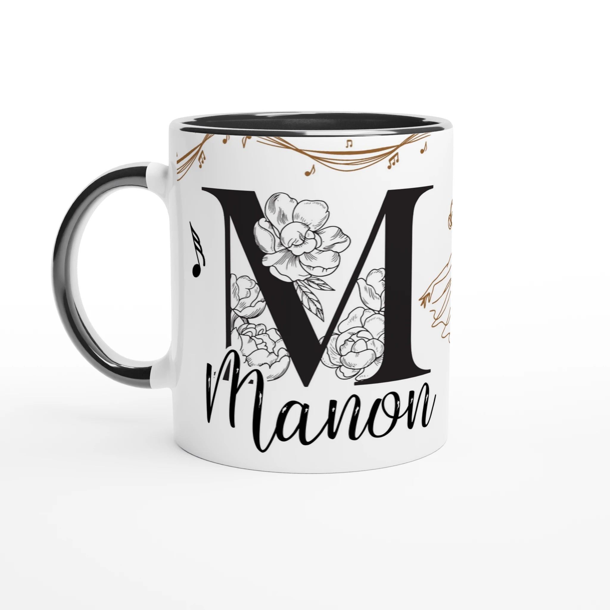 Mug prénom personnalisable avec silhouette de danseuse classique et motifs musicaux, intérieur noir, idéal pour un cadeau élégant et original.