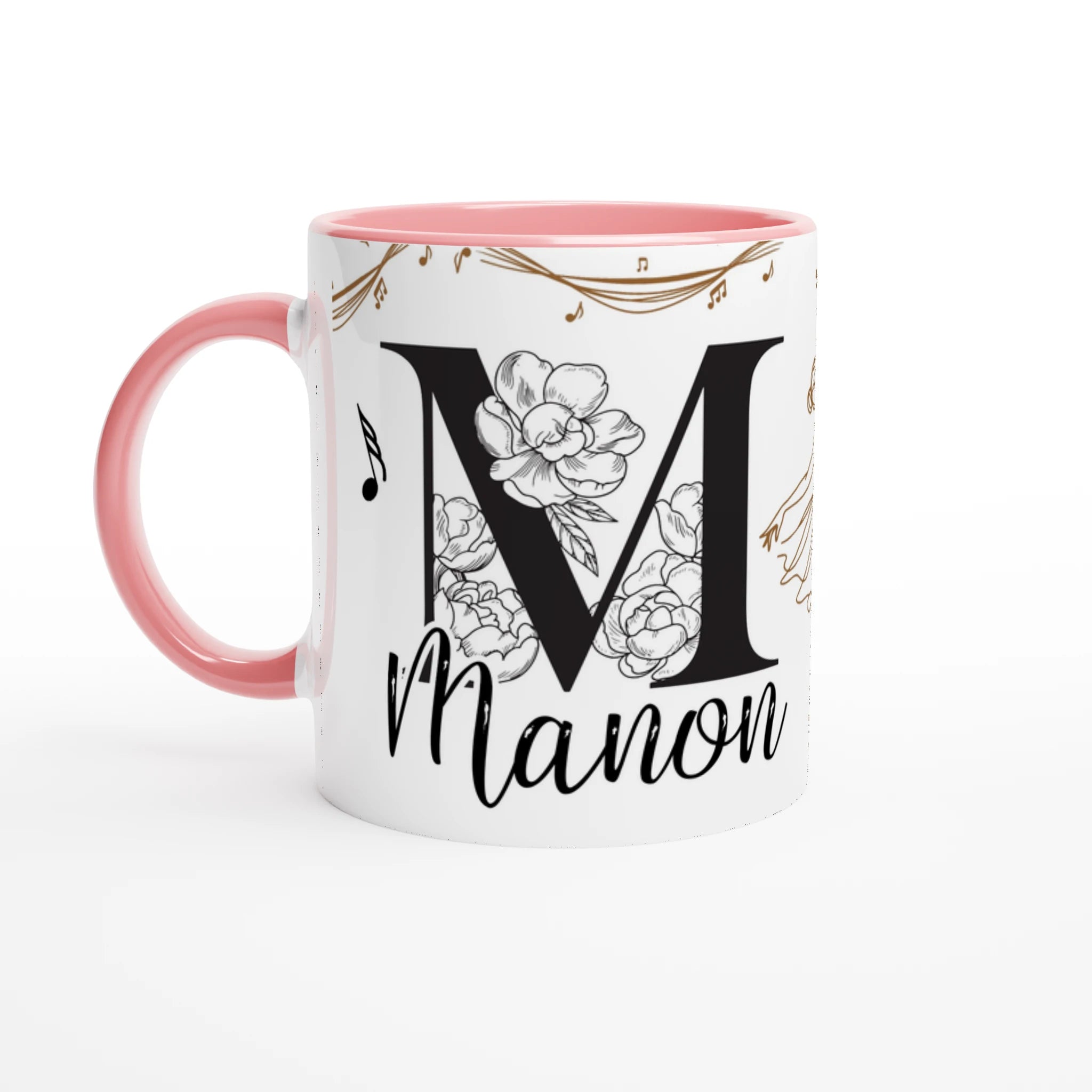 Tasse personnalisée avec prénom, design de danseuse classique et notes de musique, intérieur rose, cadeau idéal pour les petites et grandes passionnées.