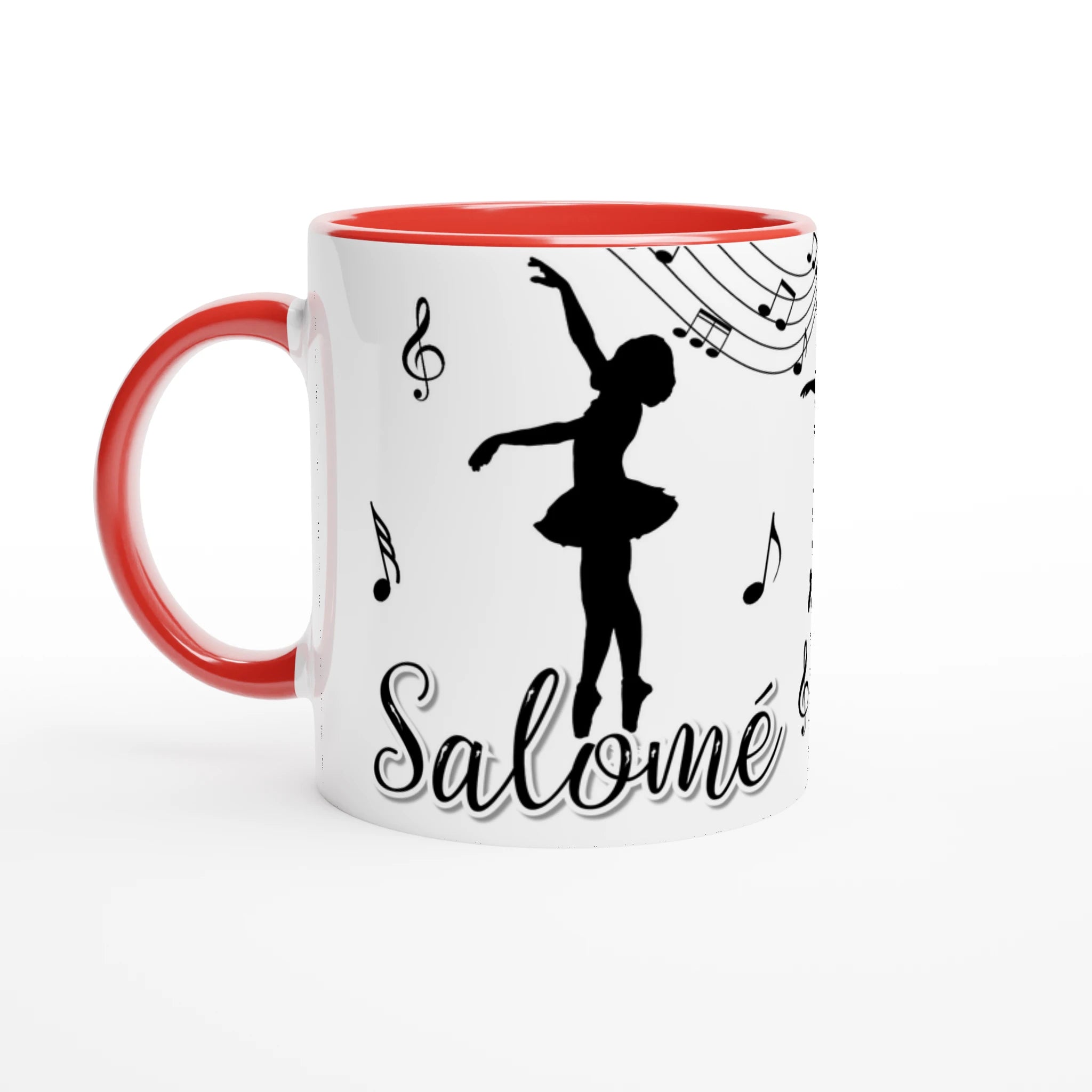 Tasse personnalisée avec prénom, design de danseuse classique et motifs musicaux, intérieur rouge, idéale comme cadeau original.