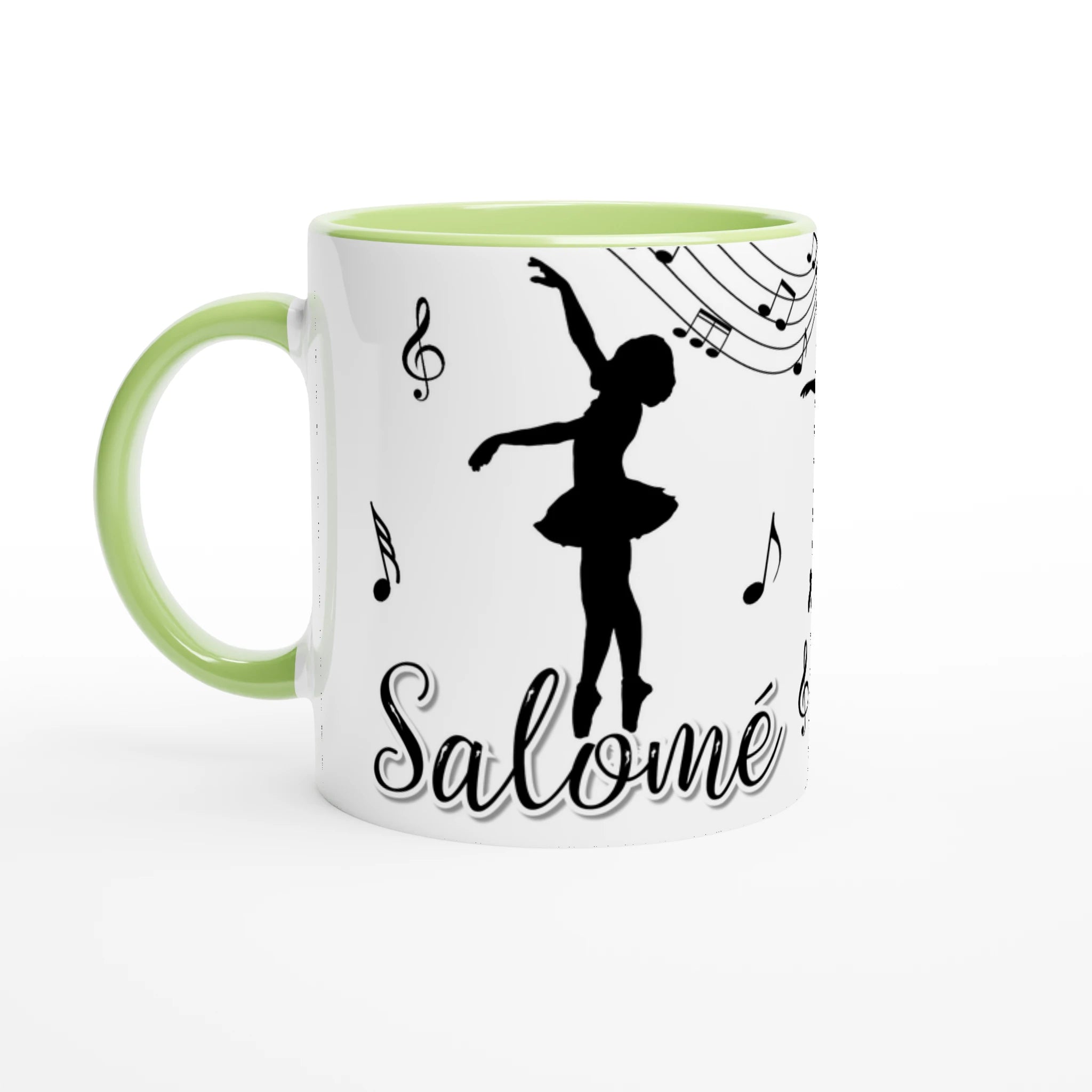 Tasse personnalisée tout blanc avec prénom, danseuse classique et notes de musique, intérieur vert, idéale pour un cadeau original et pratique.