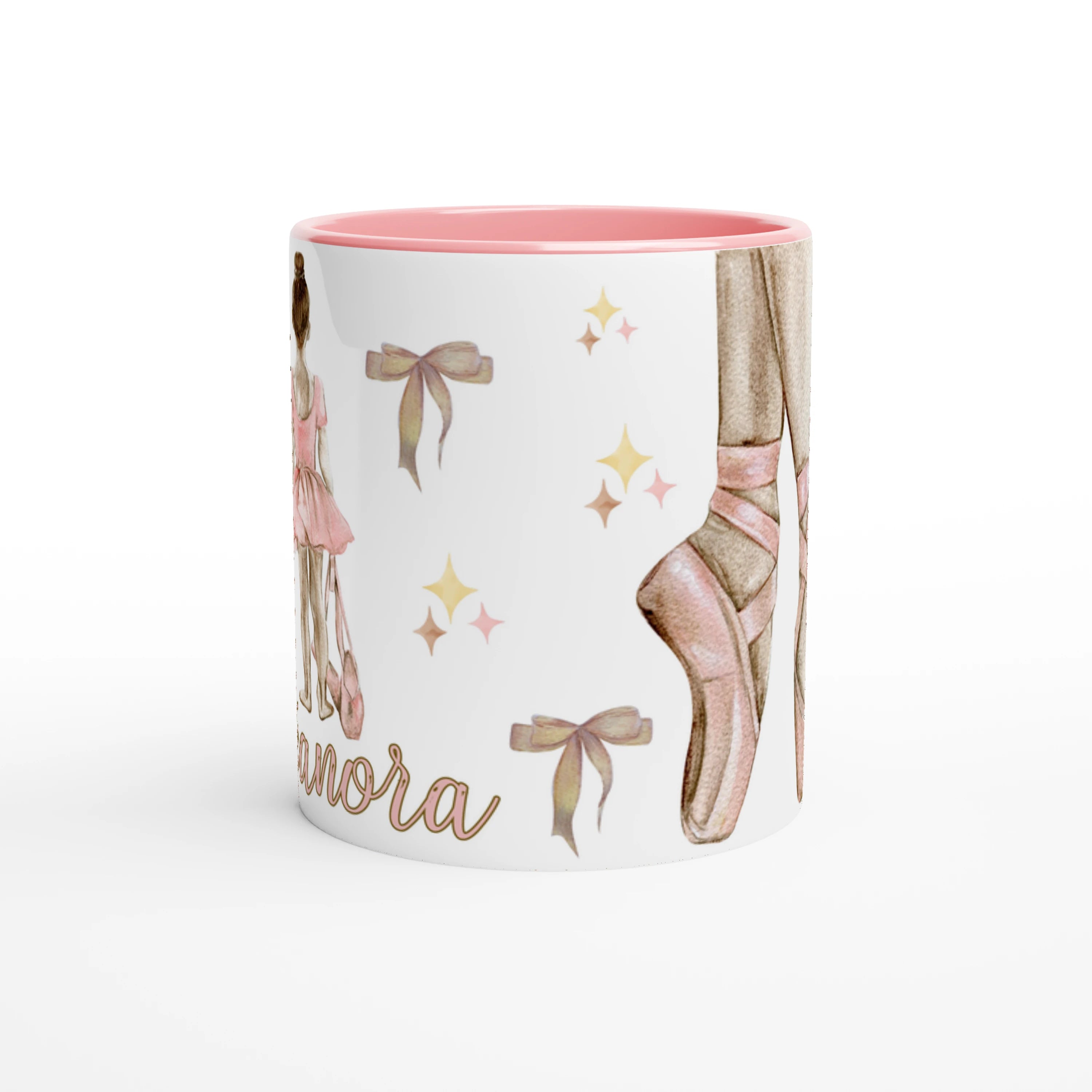Mug personnalisable avec prénom, design de danseuse et fleurs, intérieur rose, parfait pour un cadeau élégant et unique.