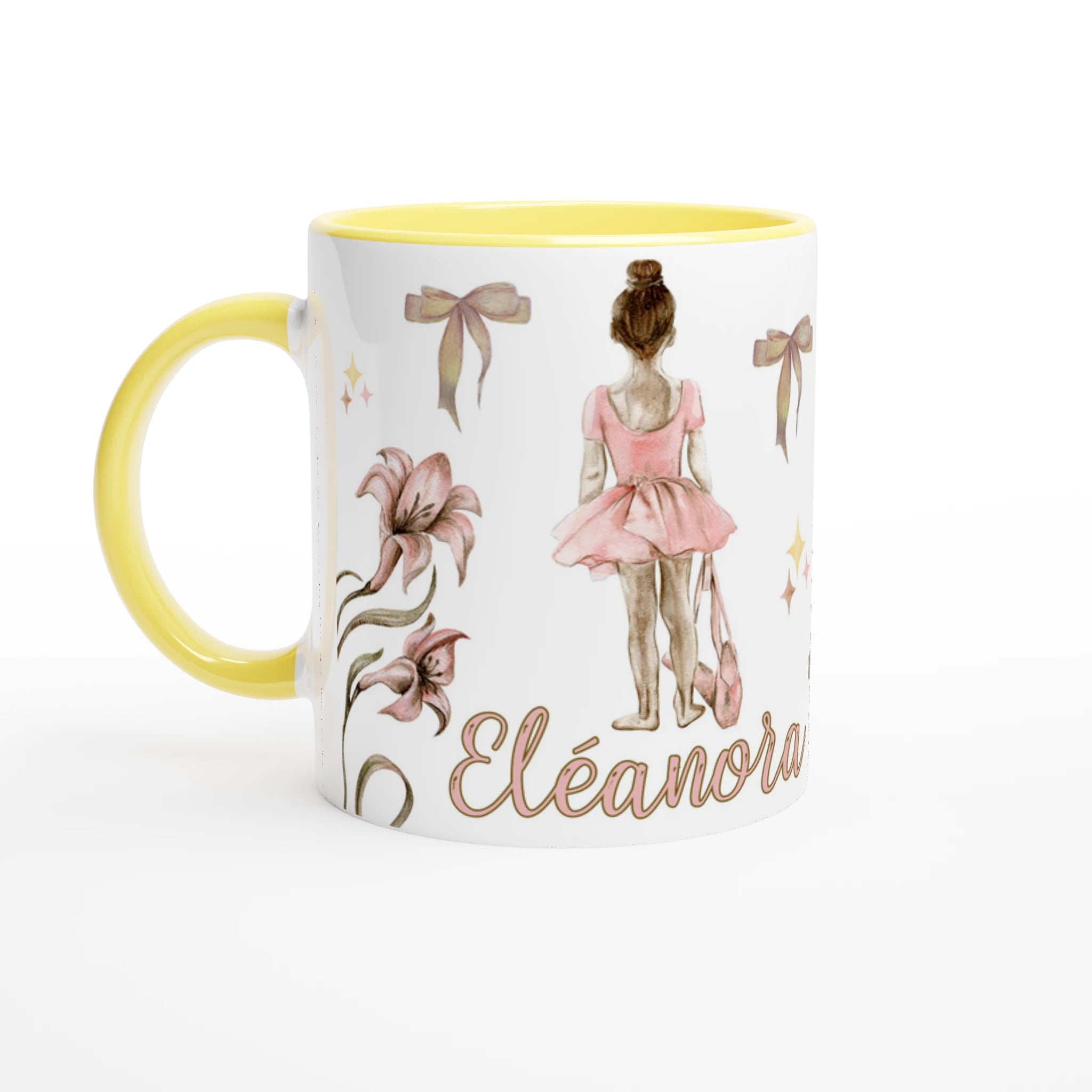 Mug prénom personnalisable avec design de danseuse et décor floral, intérieur jaune, parfait pour une petite fille passionnée de ballet.