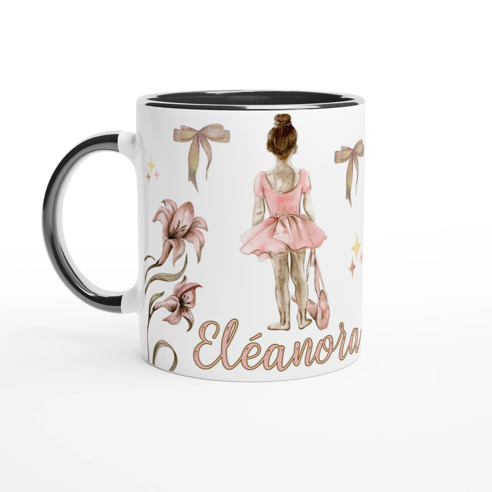 Mug prénom personnalisable avec illustration de danseuse et motifs floraux, intérieur noir, parfait pour un cadeau chic et original.