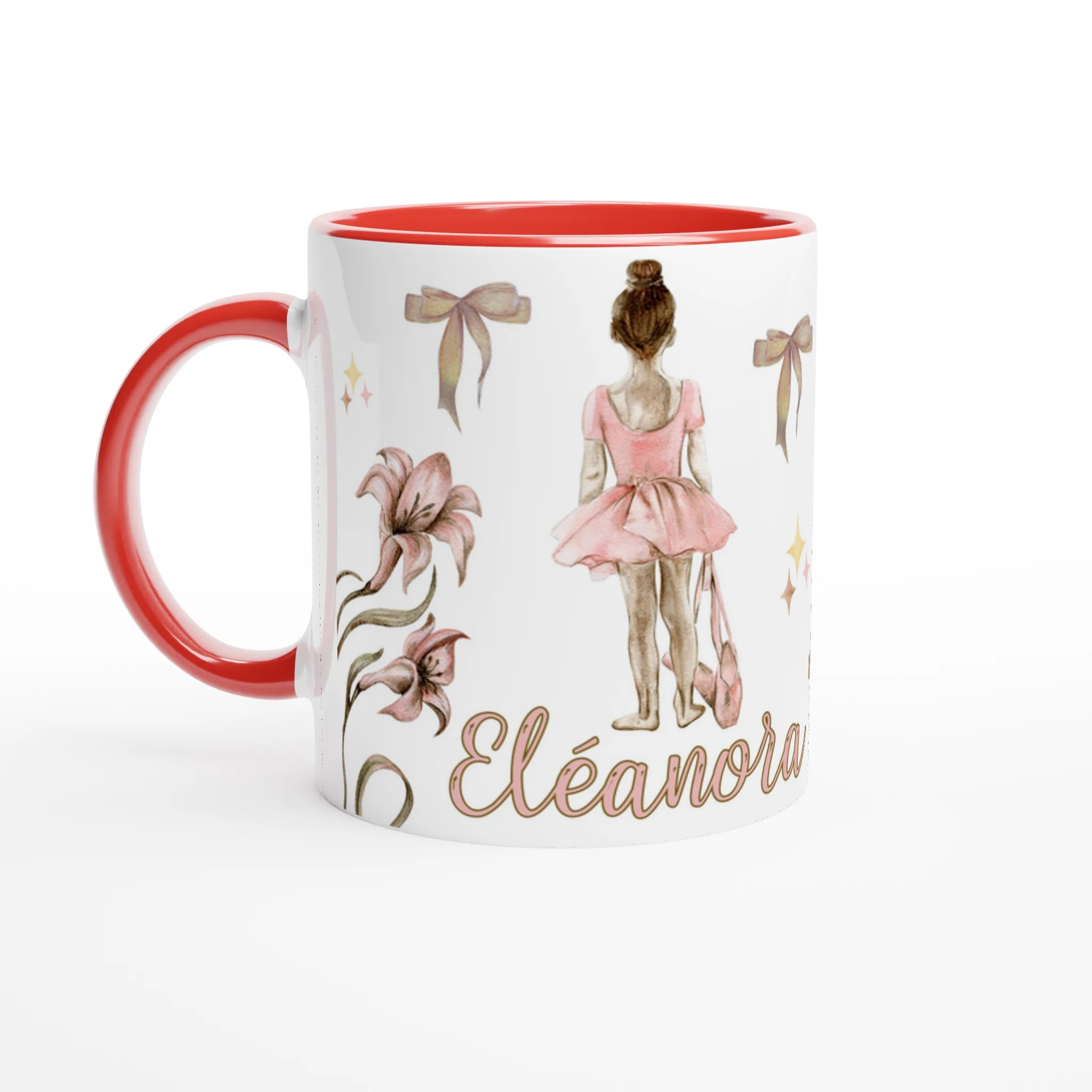 Tasse personnalisée avec prénom et illustration de danseuse en rose avec fleurs, intérieur rouge, idéale pour une petite passionnée de danse.