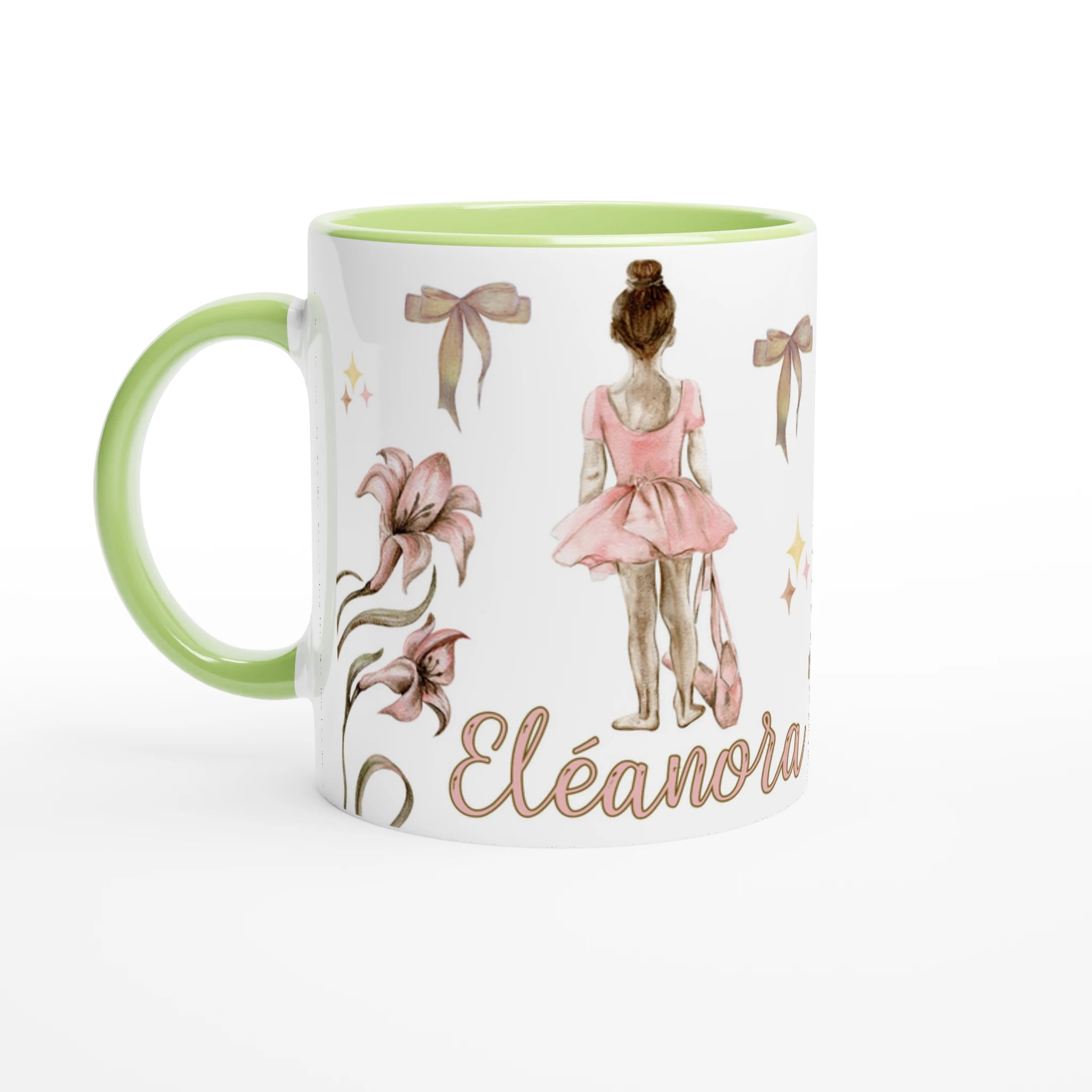 Tasse personnalisée tout blanc avec prénom, danseuse et motifs floraux, intérieur vert, parfaite pour un cadeau coloré et original.