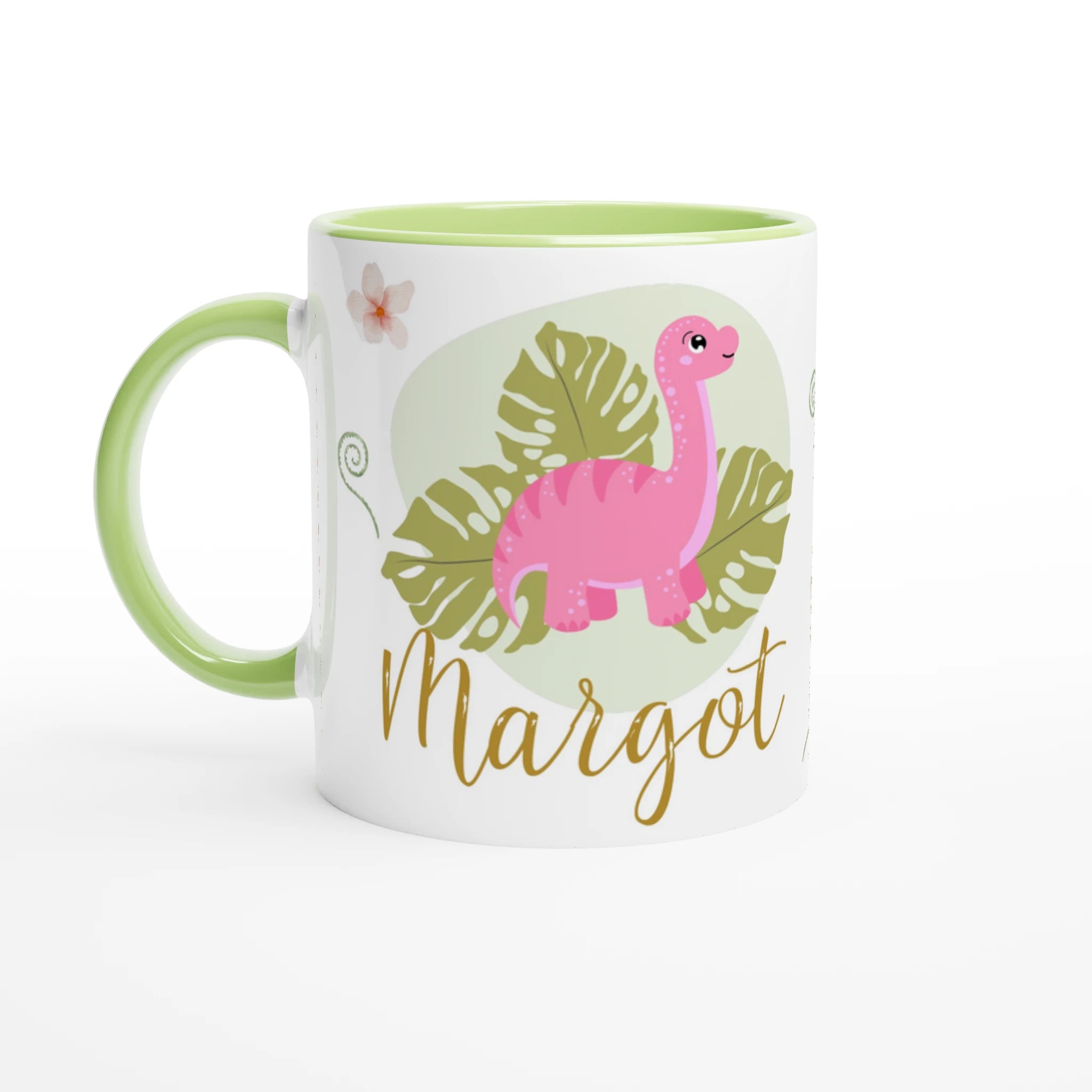 Mug personnalisé avec dinosaure rose, intérieur vert, parfait comme cadeau original pour les fans de dinosaures.