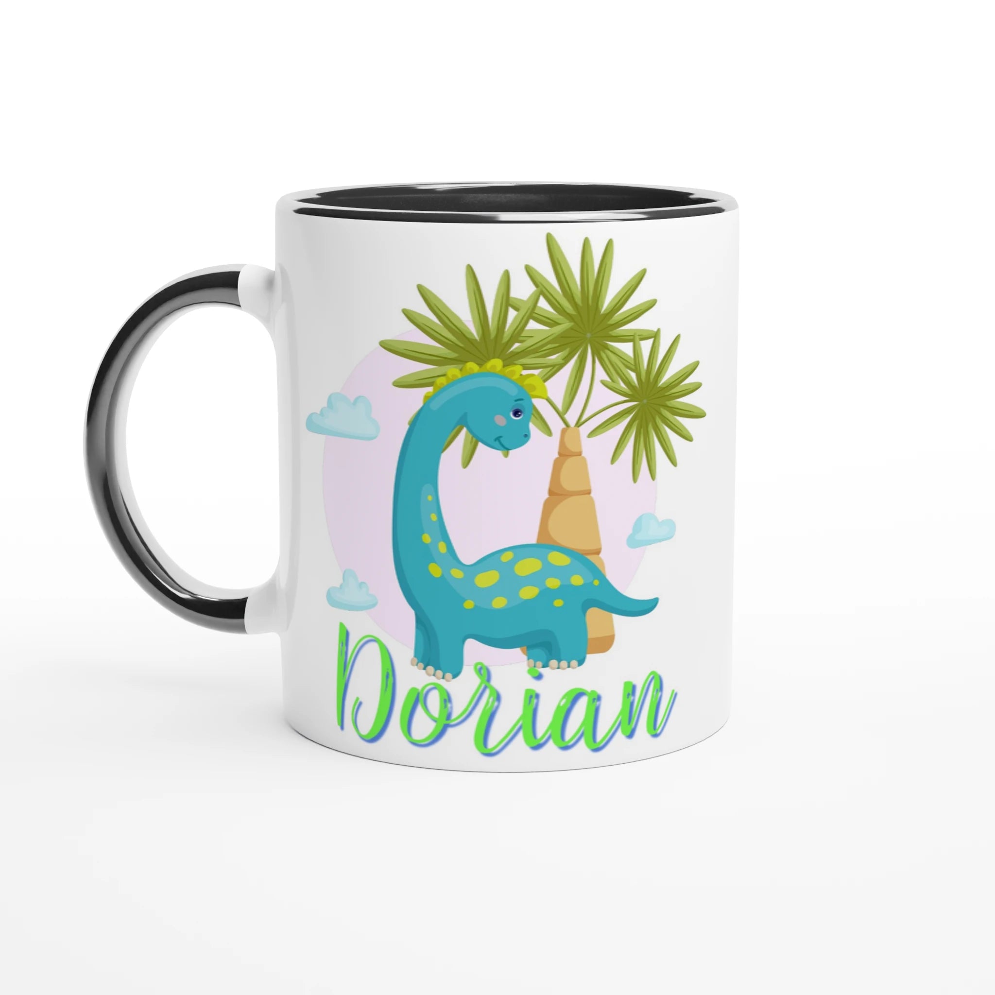 Mug personnalisé avec dinosaure bleu, intérieur noir, parfait comme cadeau original pour enfant.