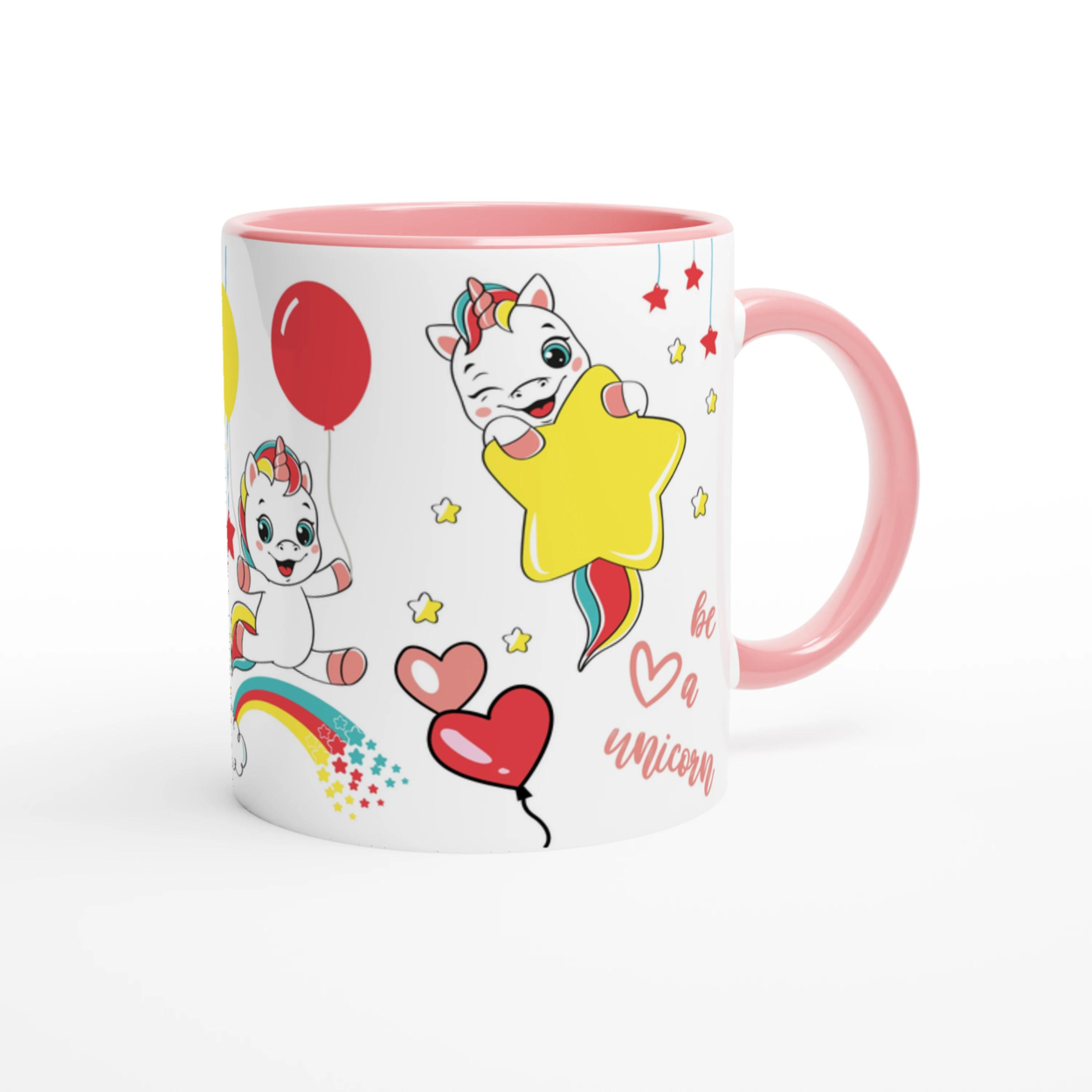 Tasse personnalisée avec licorne et ballons en forme de cœur, intérieur rose, idéale pour un cadeau magique et tendre.