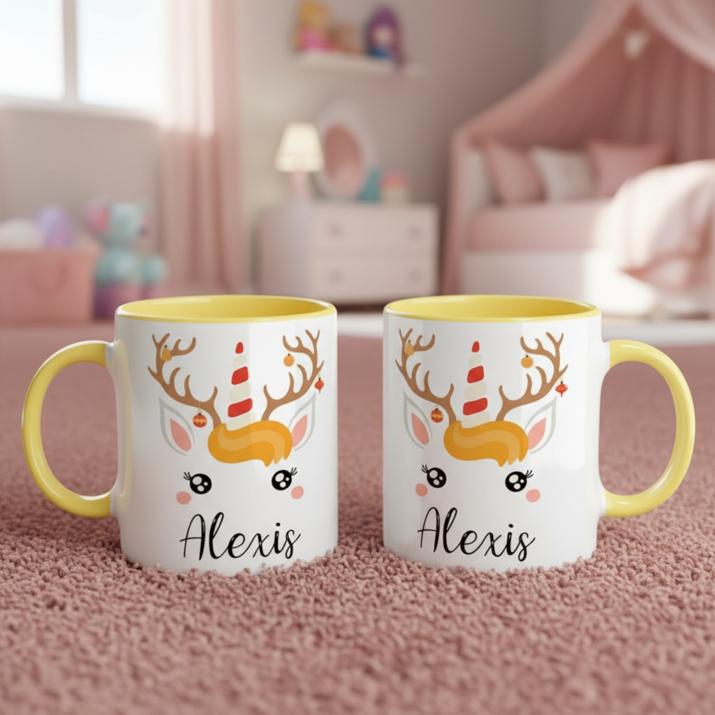 Mug de Noël personnalisé avec renne licorne et poignée jaune