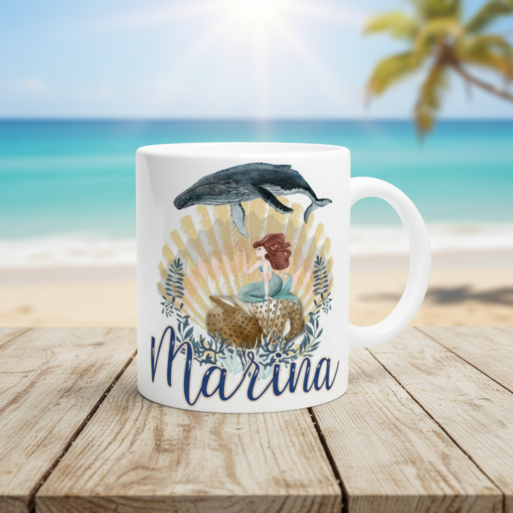 Mug personnalisé décoré d’une sirène et d’une baleine dans un univers marin aux tons doux, présenté sur une table face à la mer