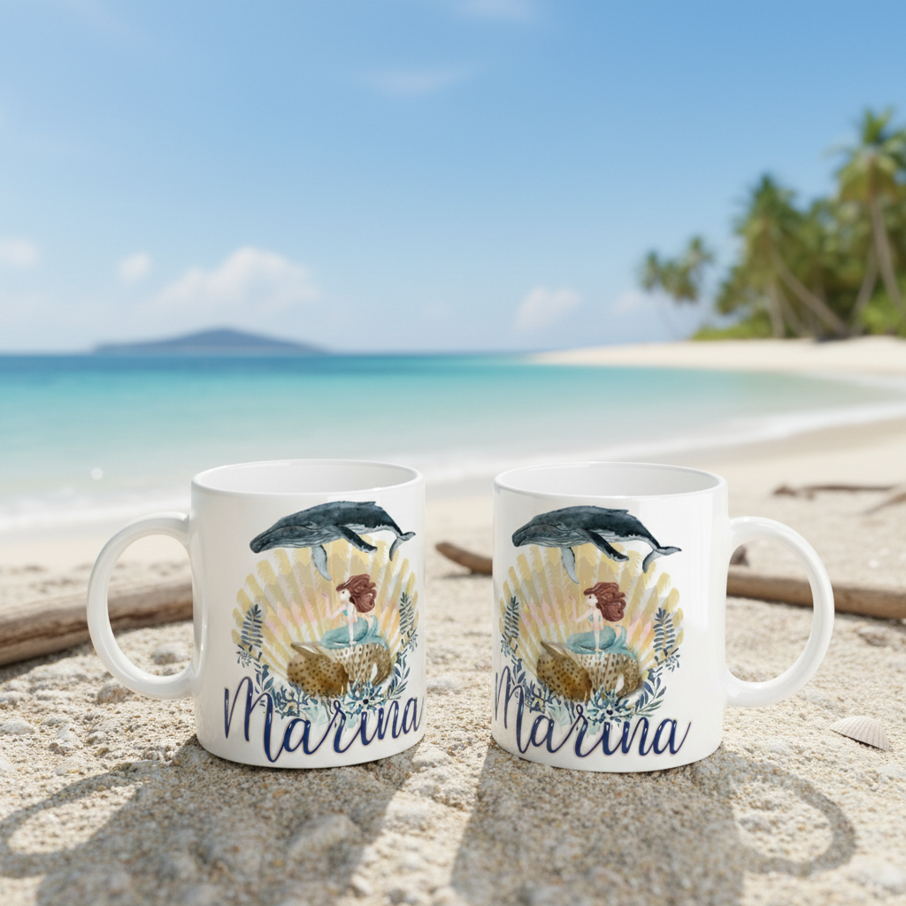 Mugs personnalisés thème sirène avec décor marin et ambiance bord de mer