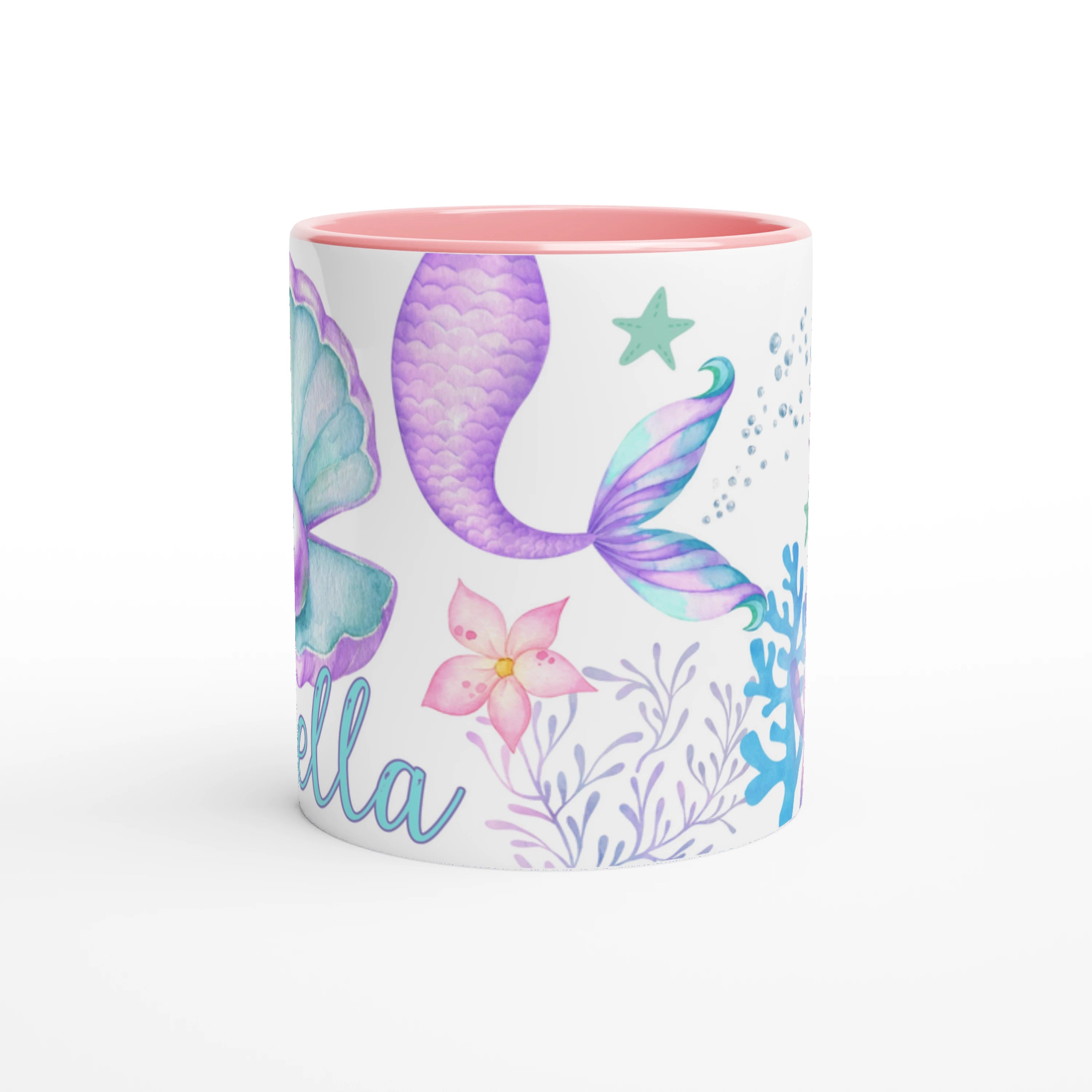 Tasse personnalisée avec motifs de sirène, coquillage et coraux bohème chic, intérieur rose, parfaite pour un cadeau fille élégant.