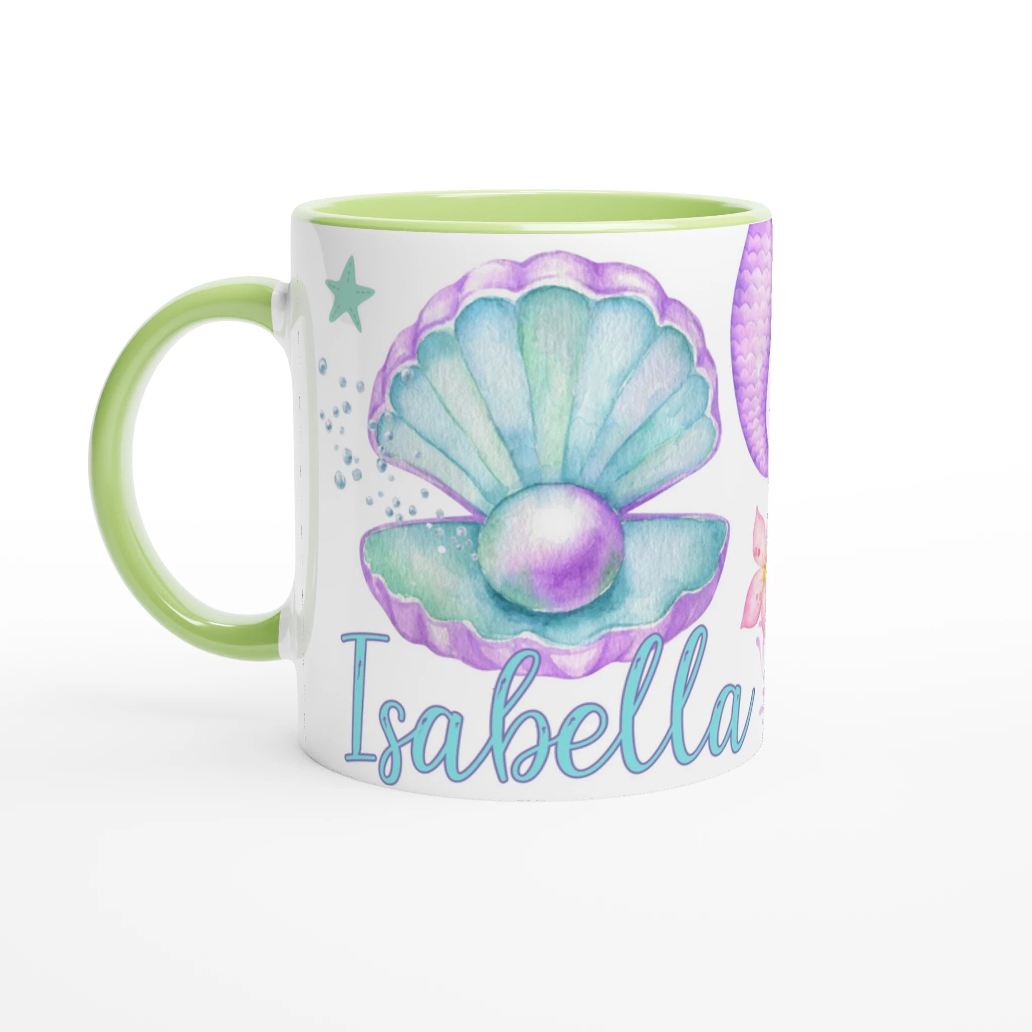 Tasse personnalisée avec décor de sirène, coquillage et coraux boho chic, intérieur vert, parfaite pour un cadeau coloré.