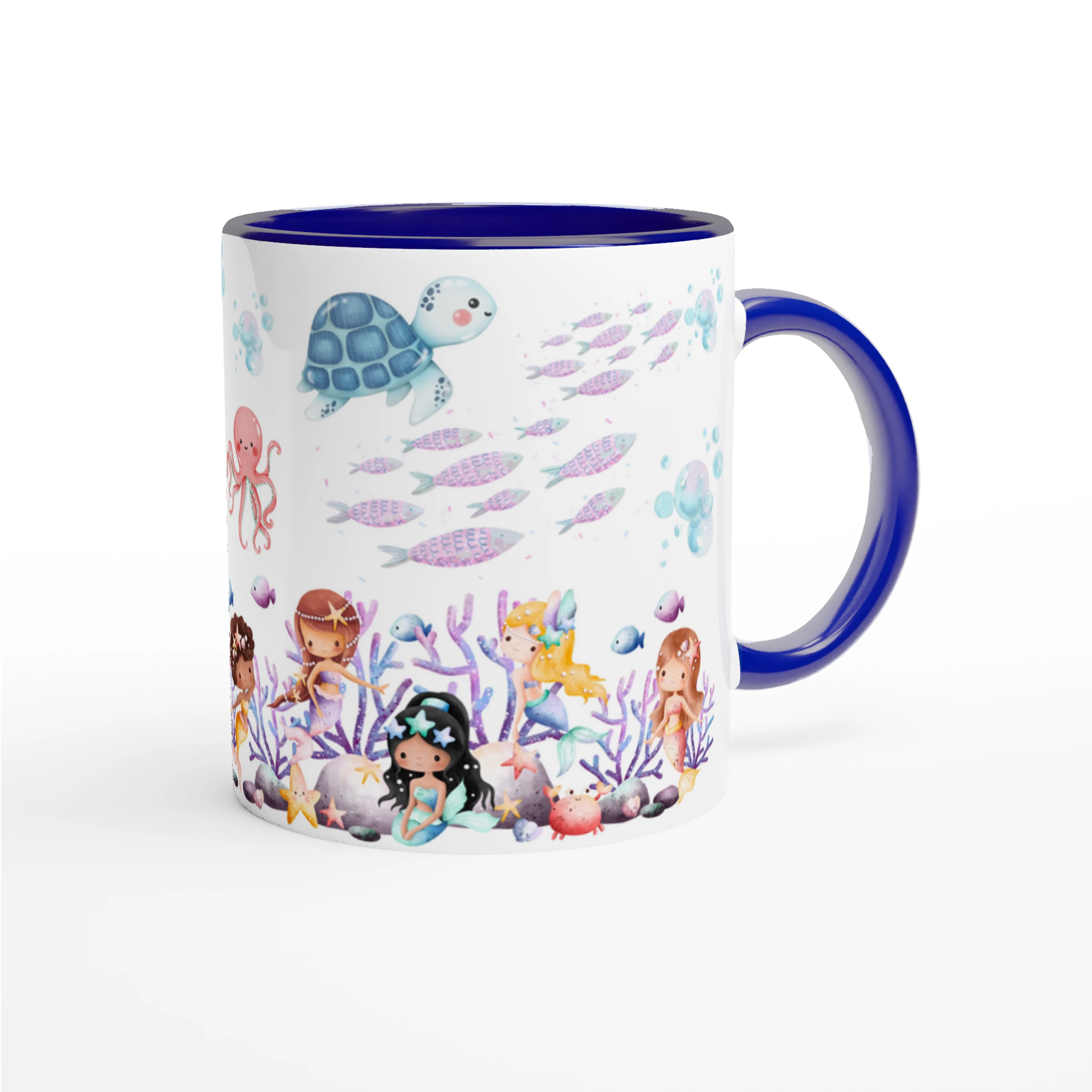 Mug personnalisé avec décor de sirène, coquillage et fonds marins enchantés, intérieur bleu, parfait pour une passionnée de l’océan.