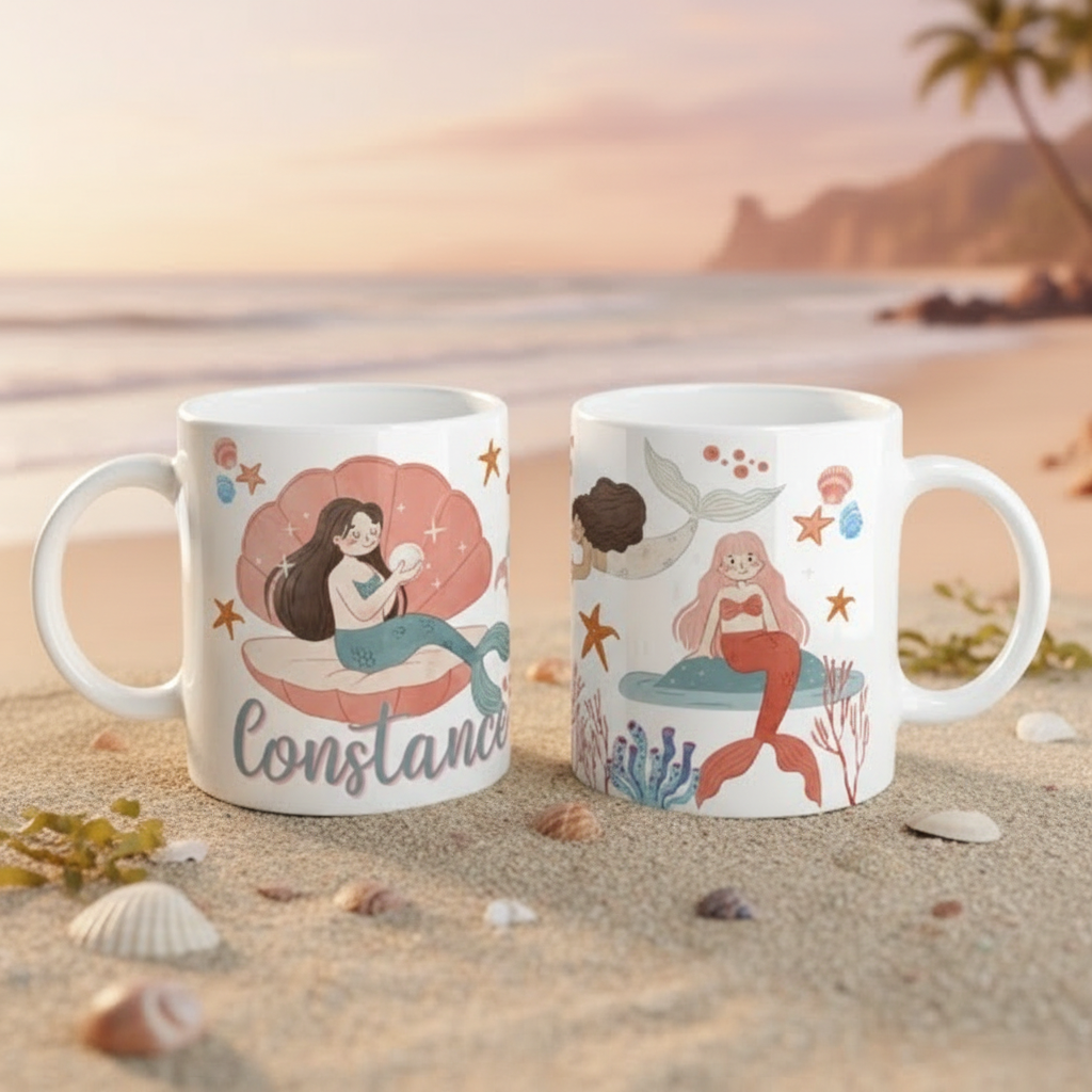 Mug personnalisé sirène pour enfant avec illustrations marines, coquillages et univers océan féerique
