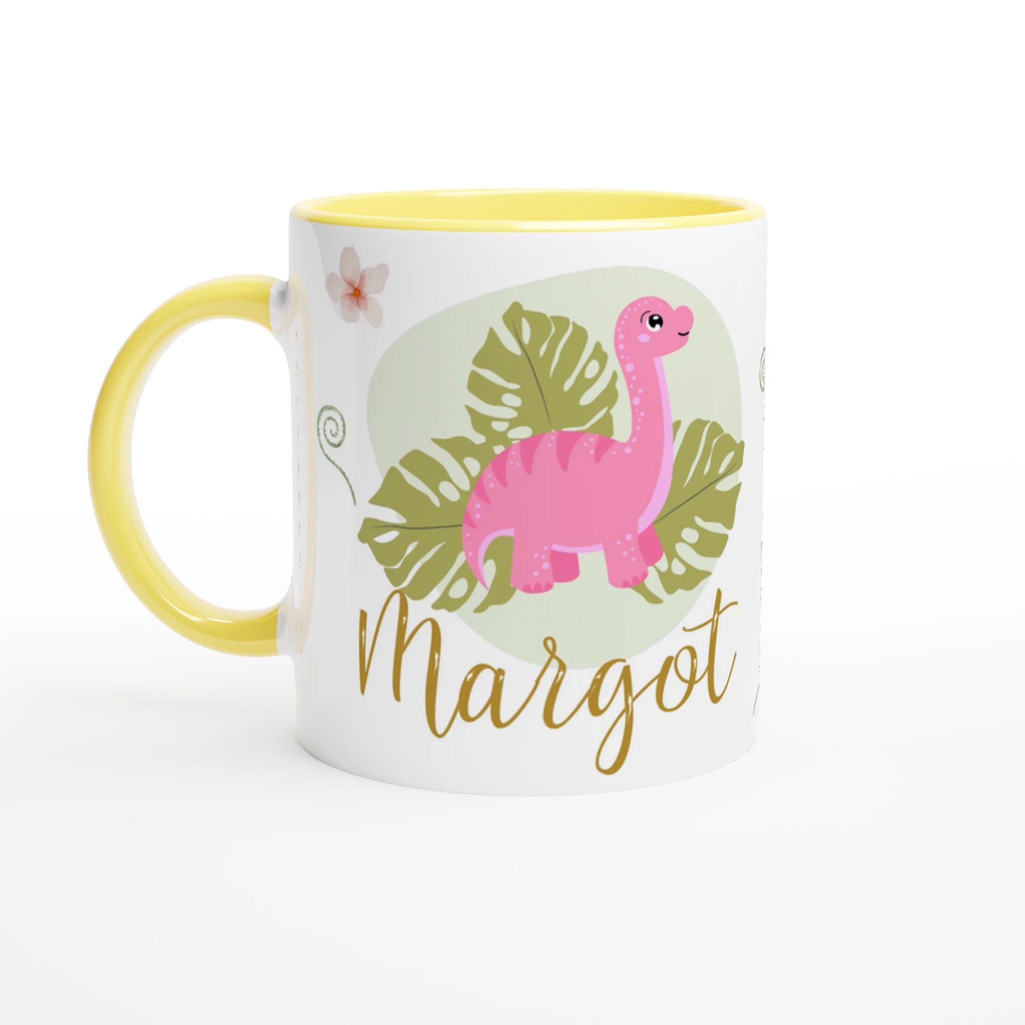 Mug personnalisé avec dinosaure rose, intérieur jaune, parfait comme cadeau original pour les fans de dinosaures.
