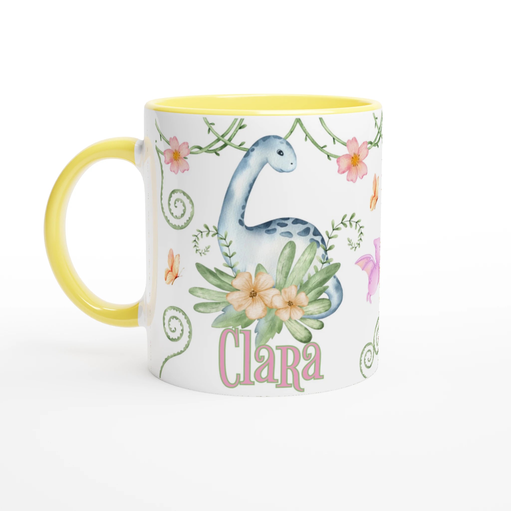 Mug dinosaure floral personnalisé avec prénom, intérieur jaune, design doux et fleuri, parfait pour les enfants.
